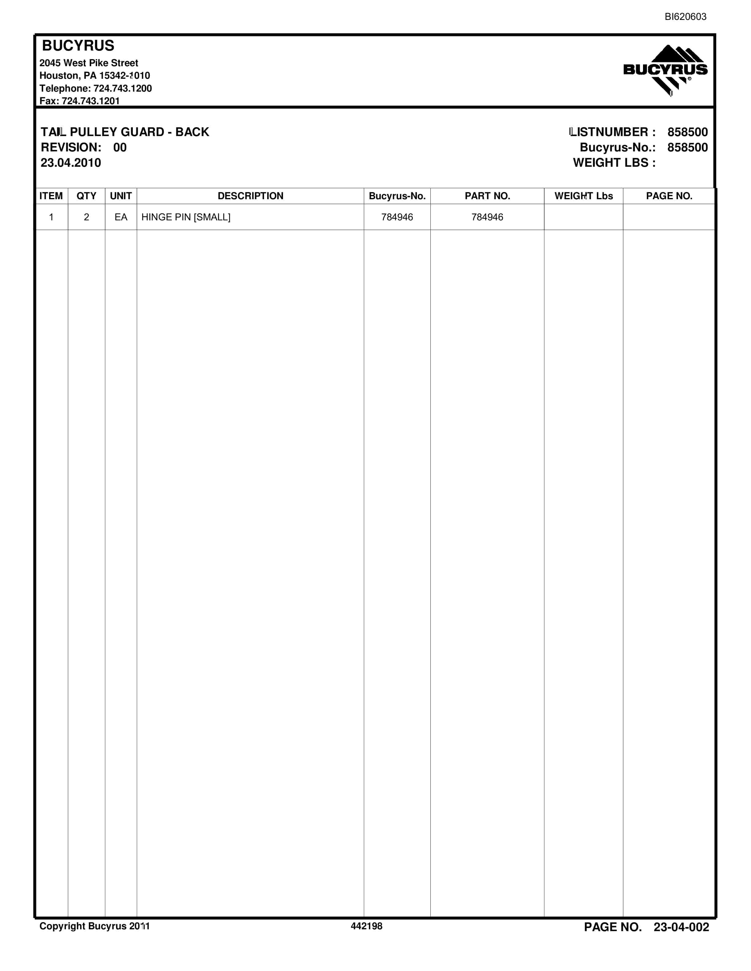Bucyrus Belt System Parts And Service Manual BI620603-5