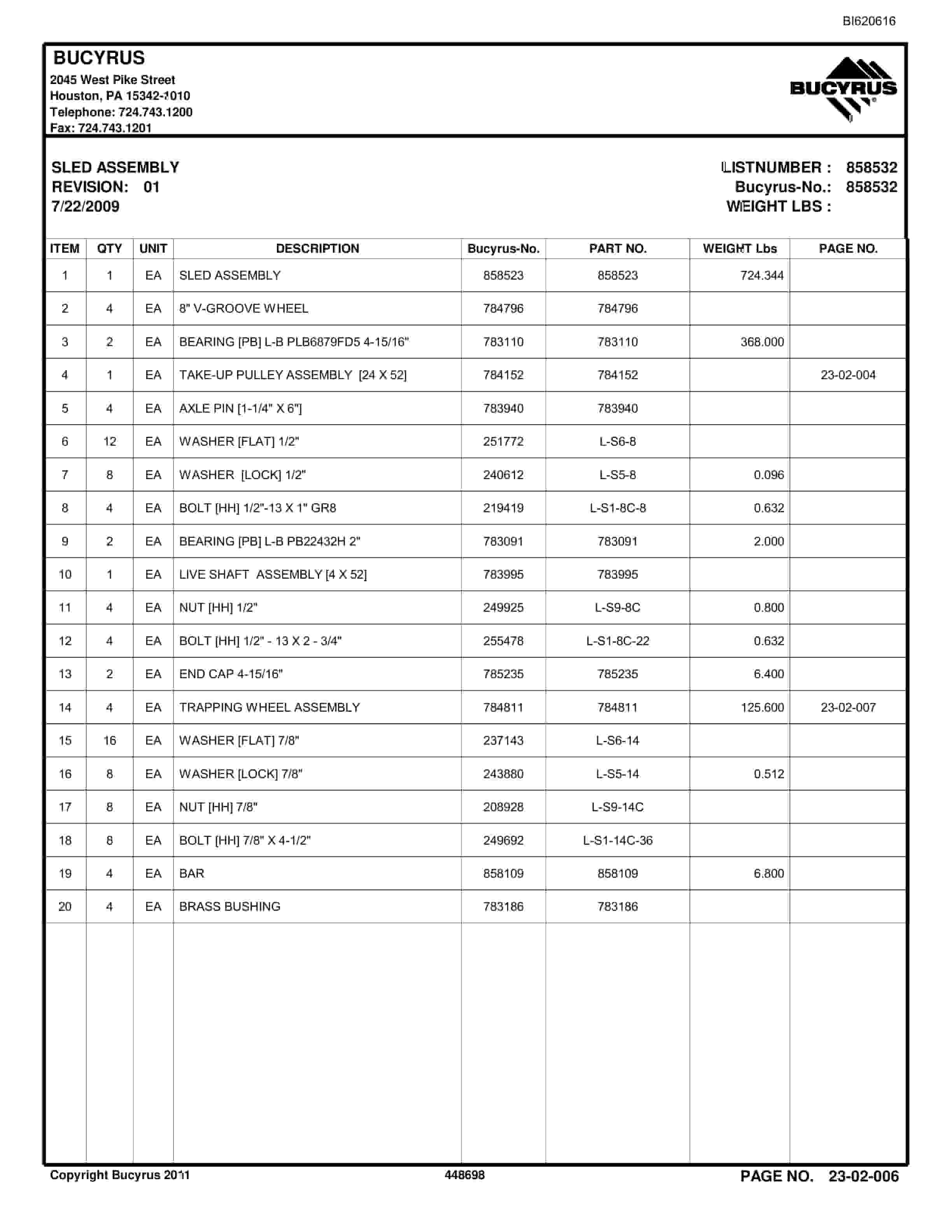 Bucyrus Belt System Parts And Service Manual BI620616-3