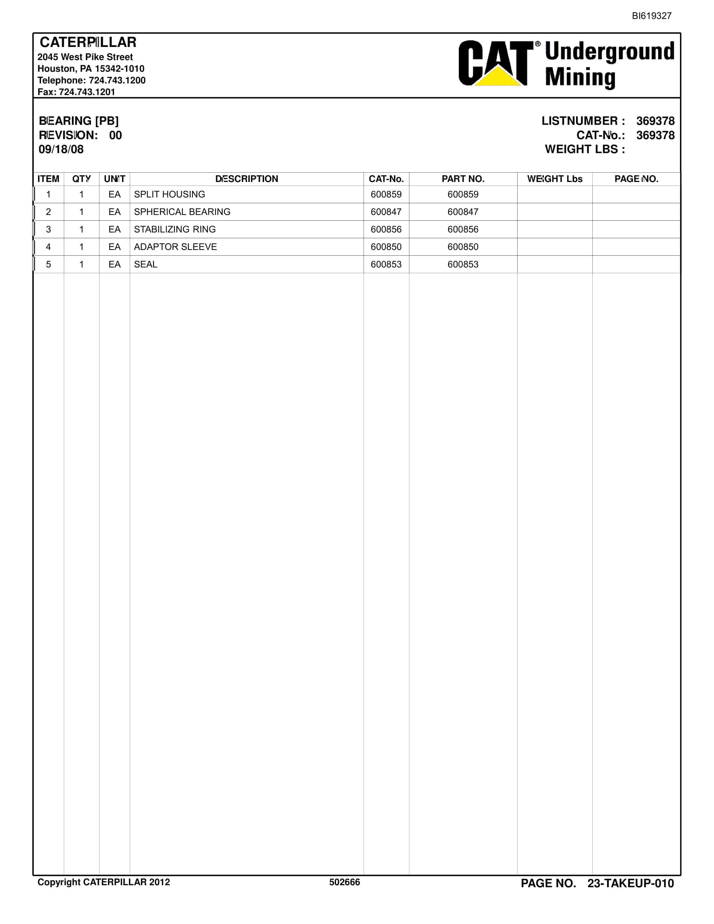 Bucyrus Belt System Parts Catalog BI619327-3