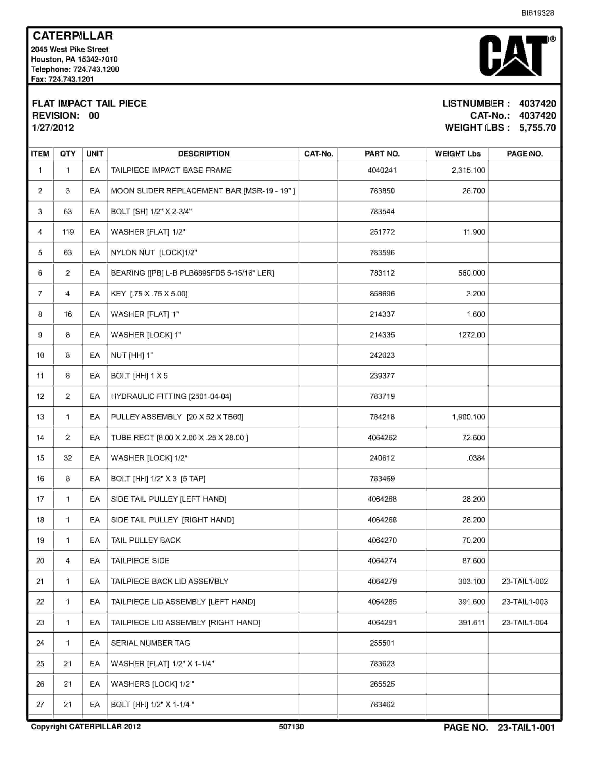 Bucyrus Belt System Parts Catalog BI619328-3