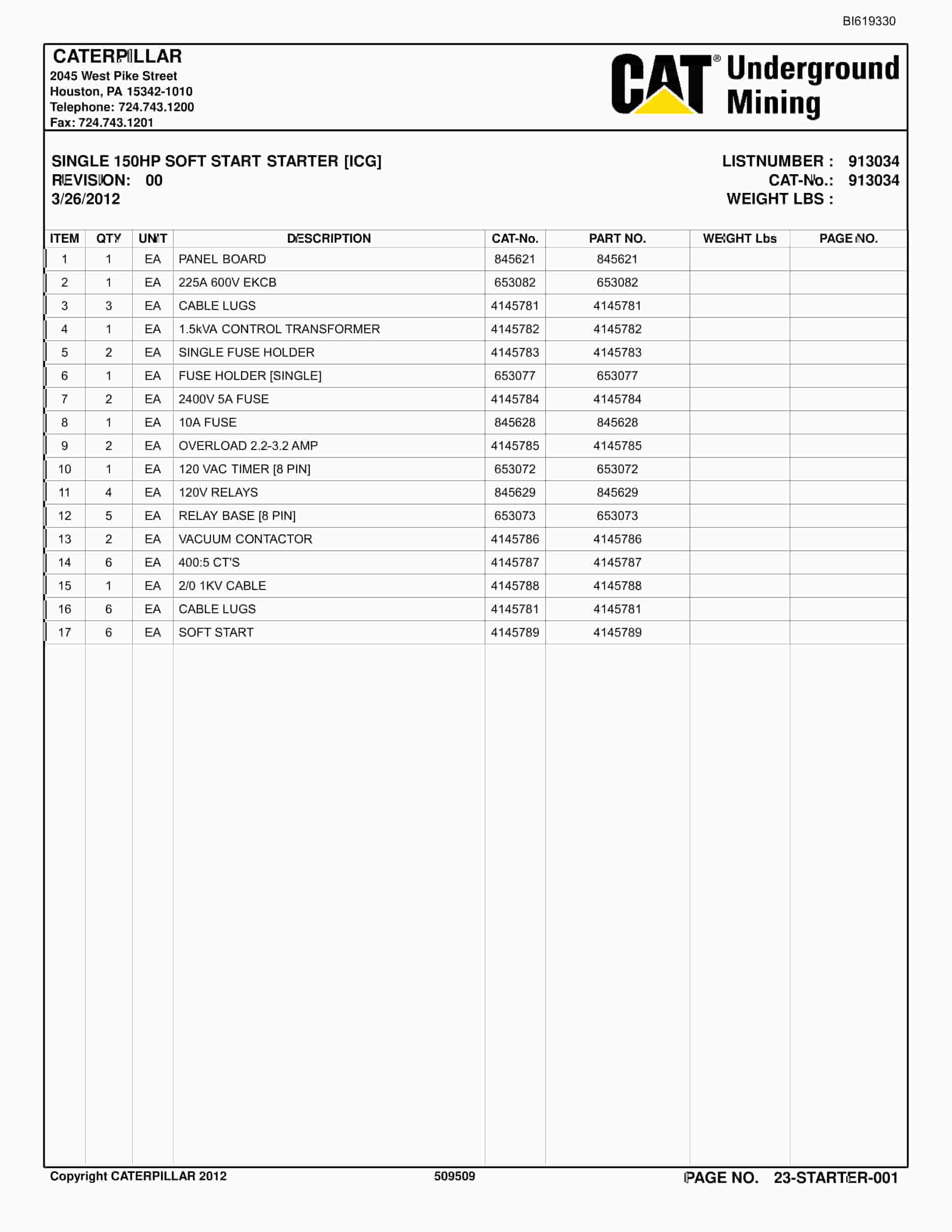 Bucyrus Belt System Parts Catalog BI619330-3