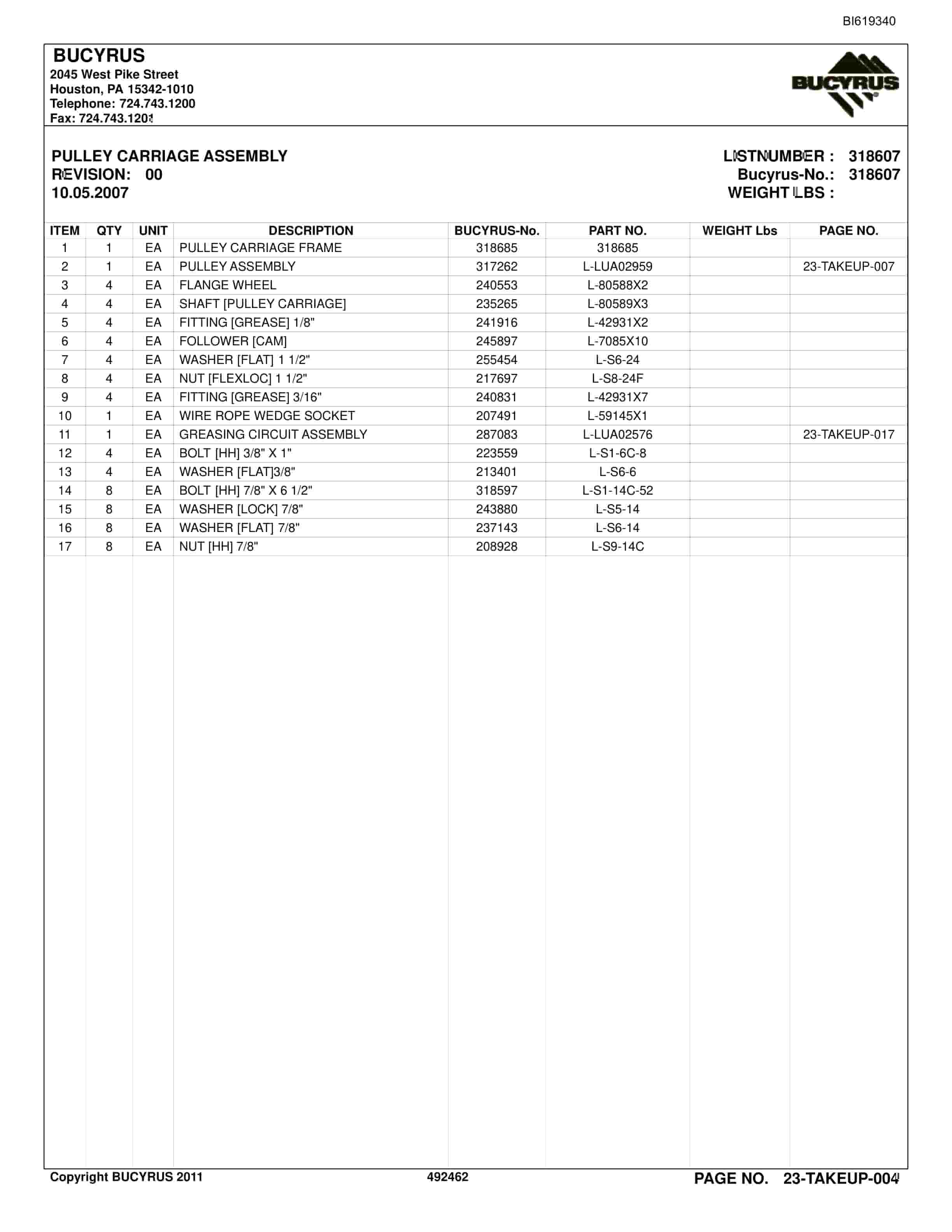 Bucyrus Belt System Parts Catalog BI619340-5