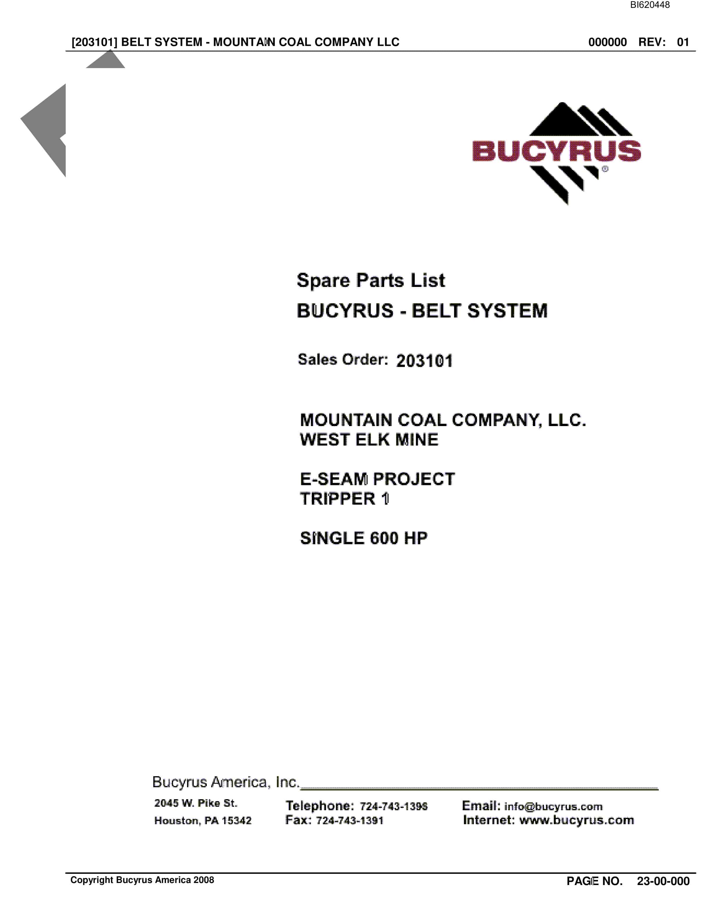 Bucyrus Belt System Spare Parts List BI620448