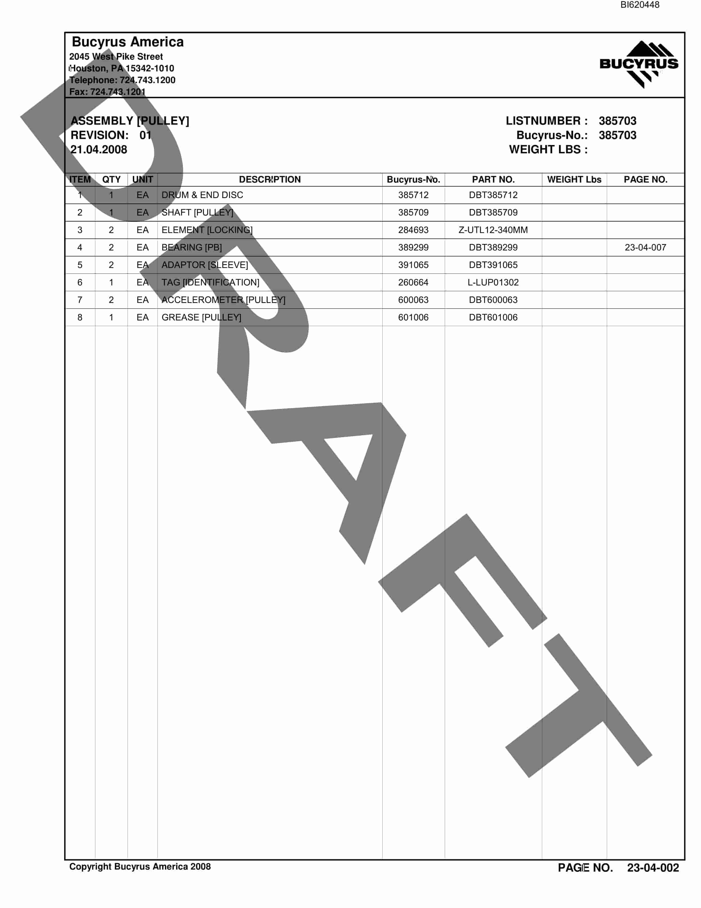 Bucyrus Belt System Spare Parts List BI620448-3