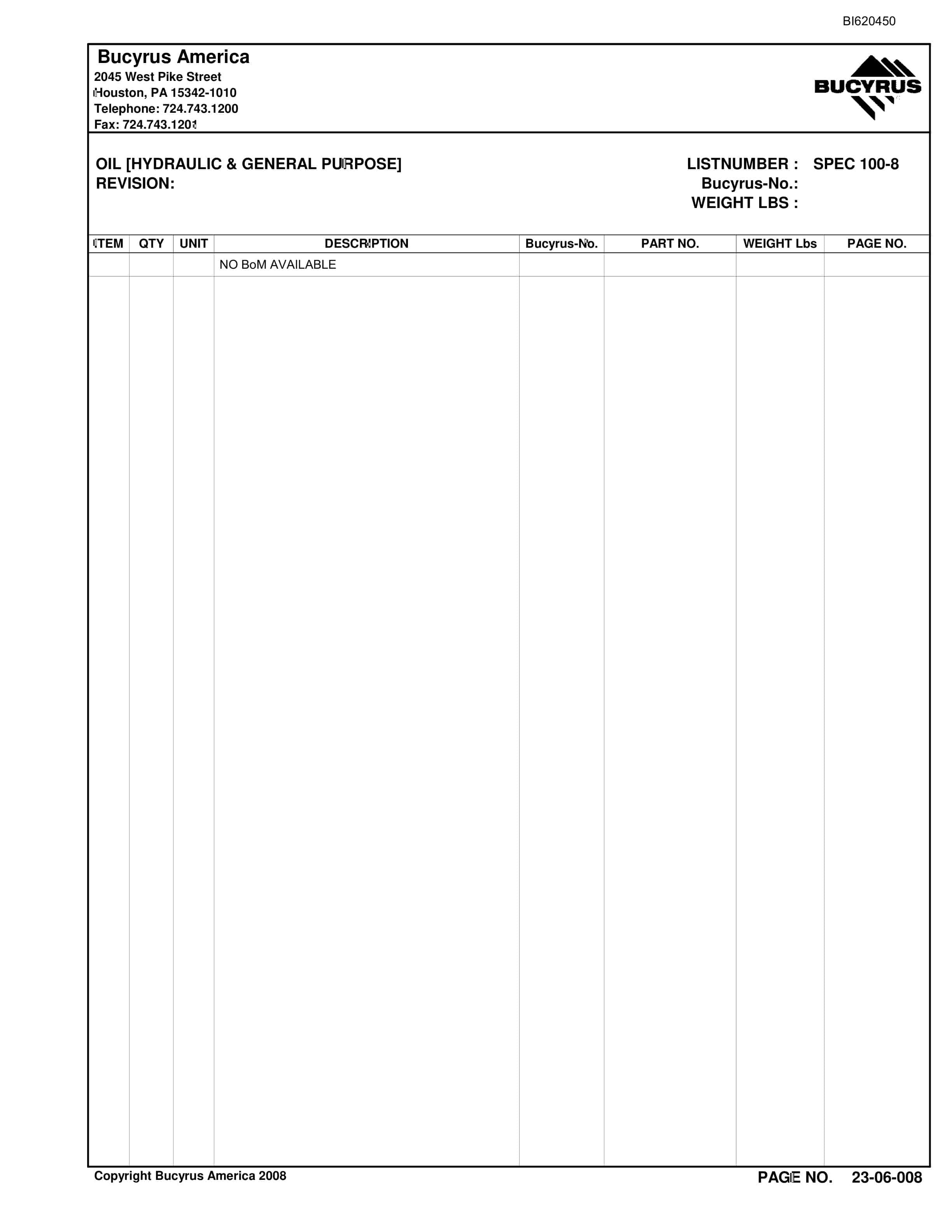 Bucyrus Belt System Spare Parts List BI620450-3