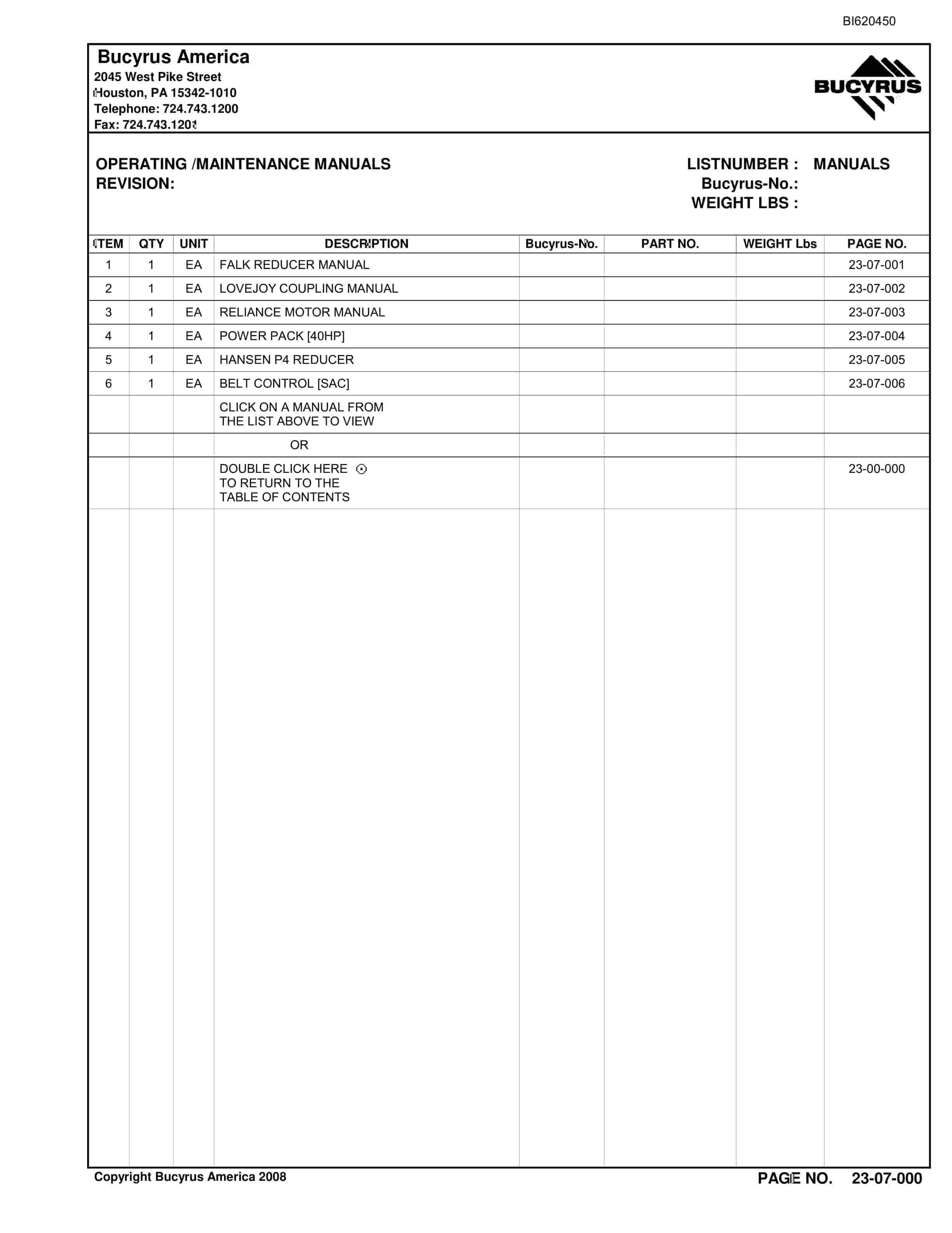 Bucyrus Belt System Spare Parts List BI620450-4