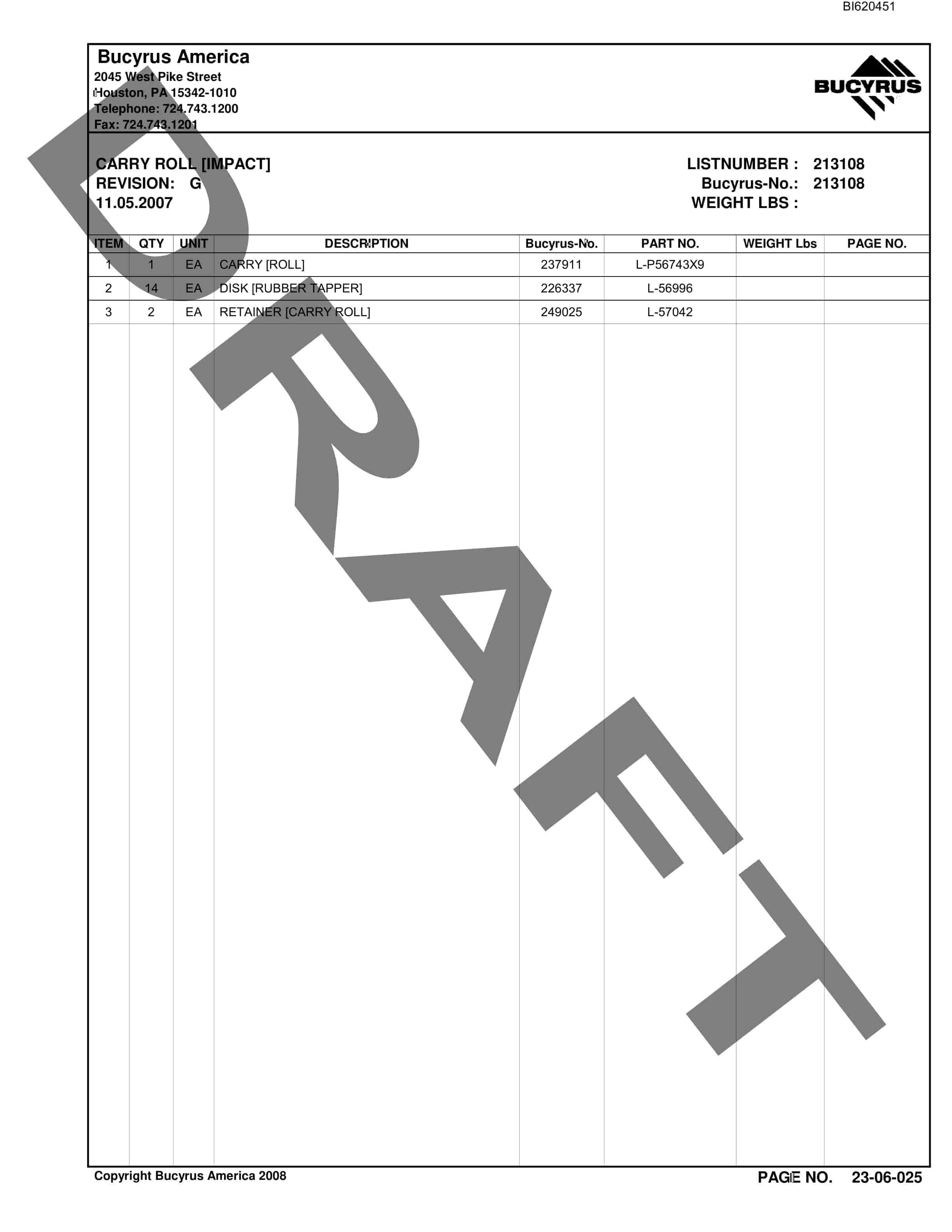 Bucyrus Belt System Spare Parts List BI620451-2