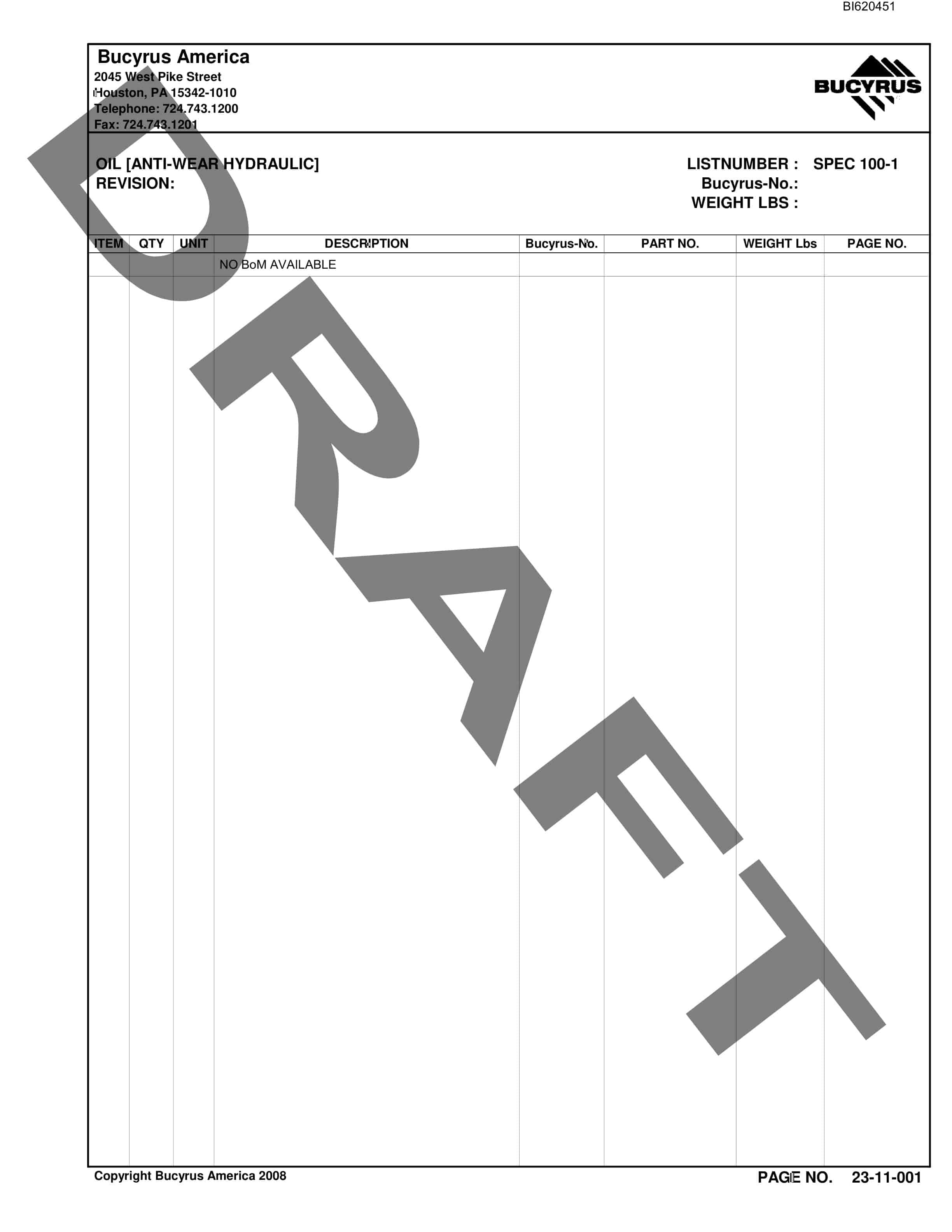 Bucyrus Belt System Spare Parts List BI620451-3