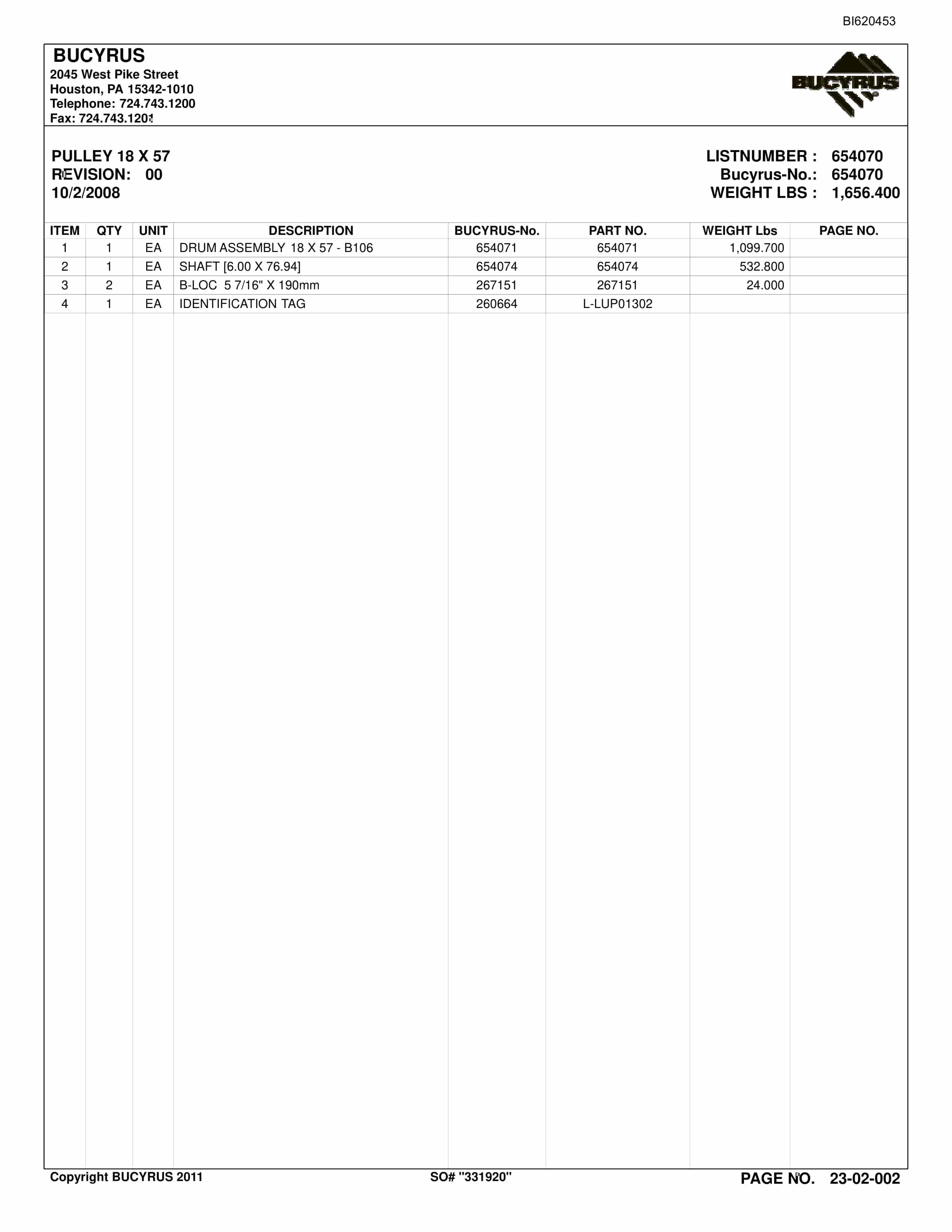 Bucyrus Belt System Spare Parts List BI620453-5