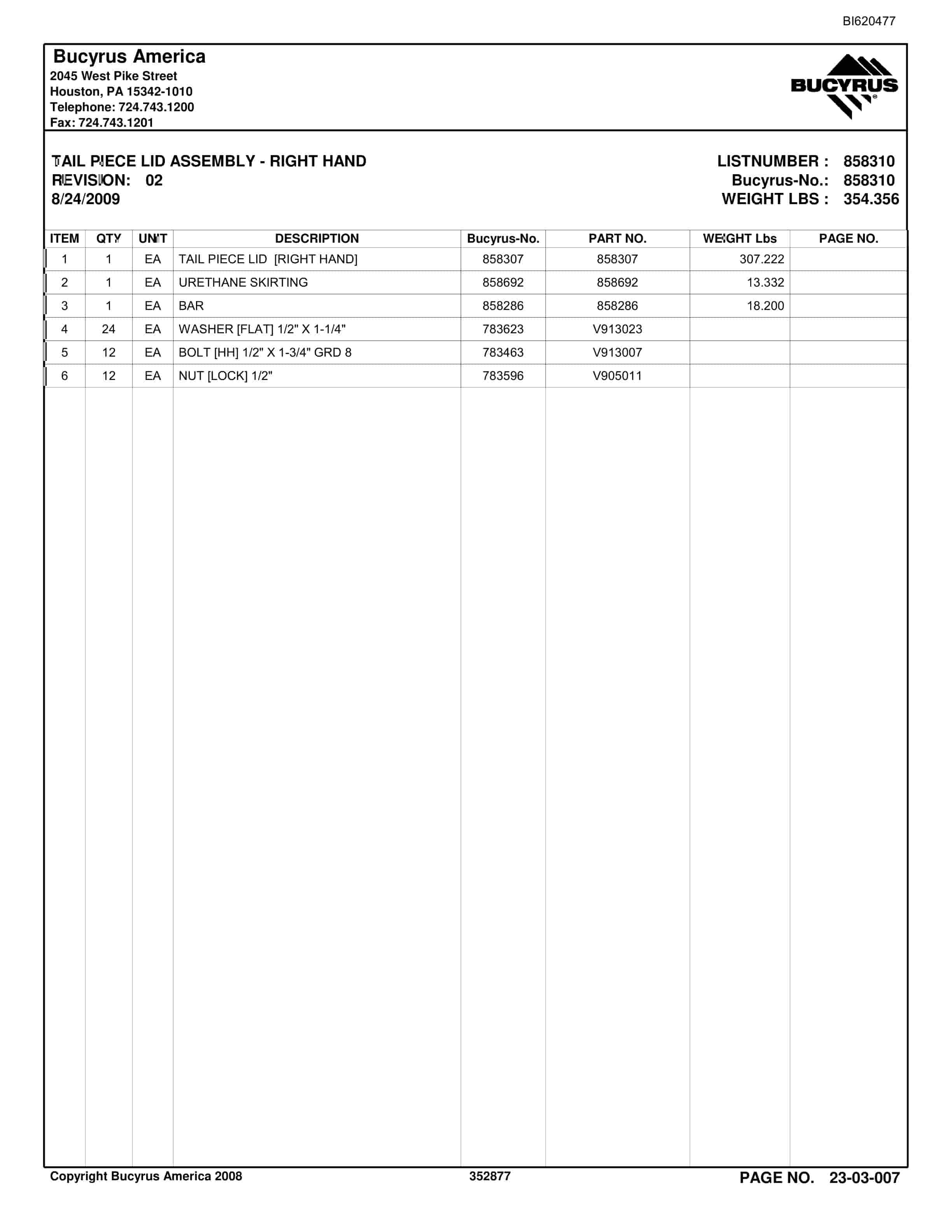 Bucyrus Belt System Spare Parts List BI620477-5