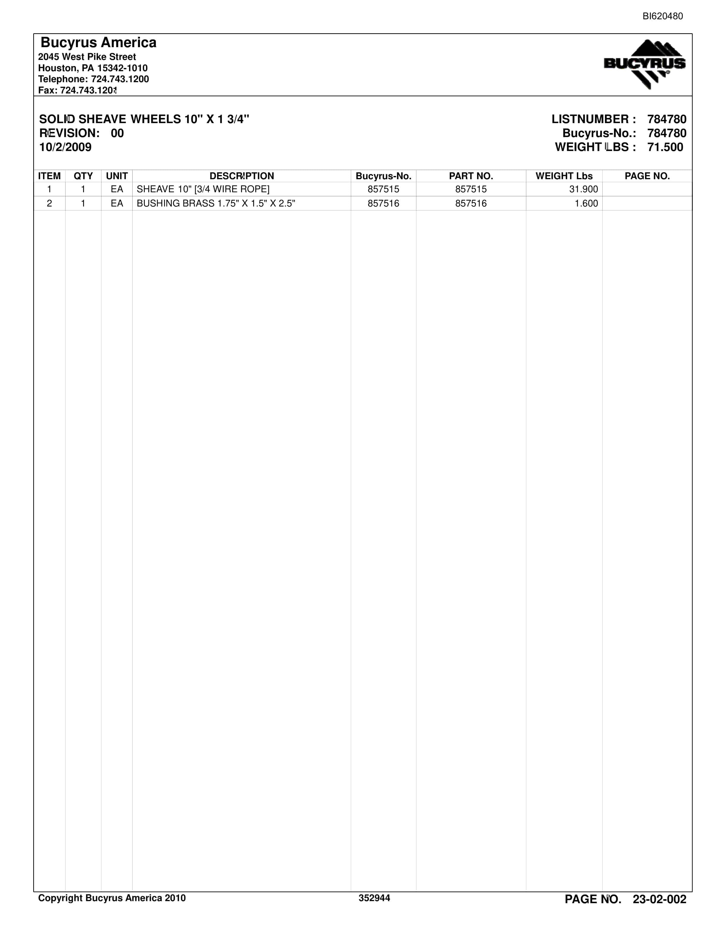 Bucyrus Belt System Spare Parts List BI620480-2