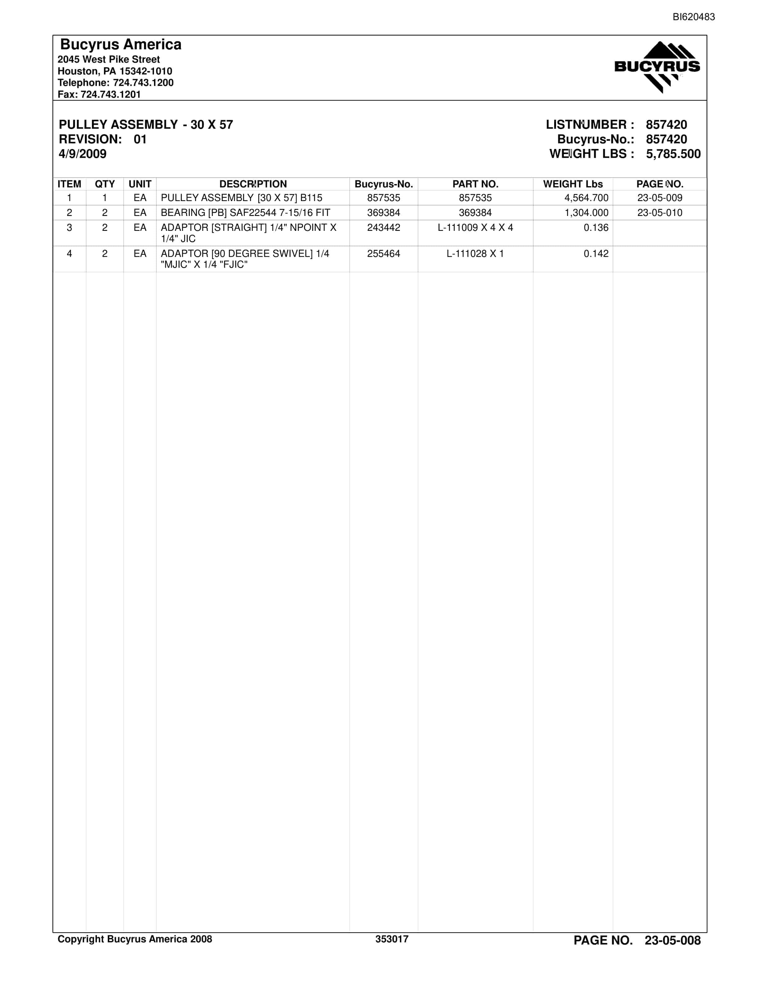 Bucyrus Belt System Spare Parts List BI620483-2