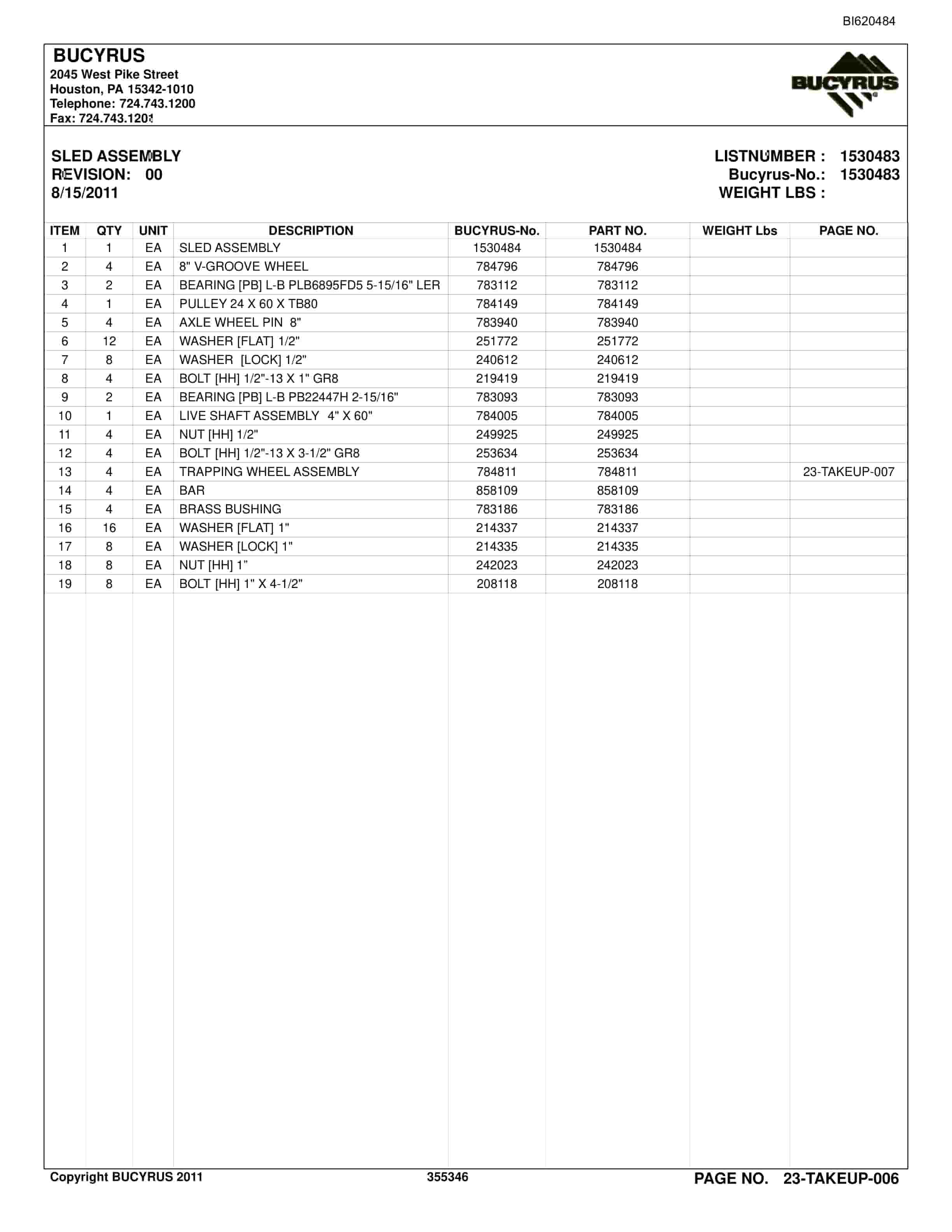 Bucyrus Belt System Spare Parts List BI620484-2