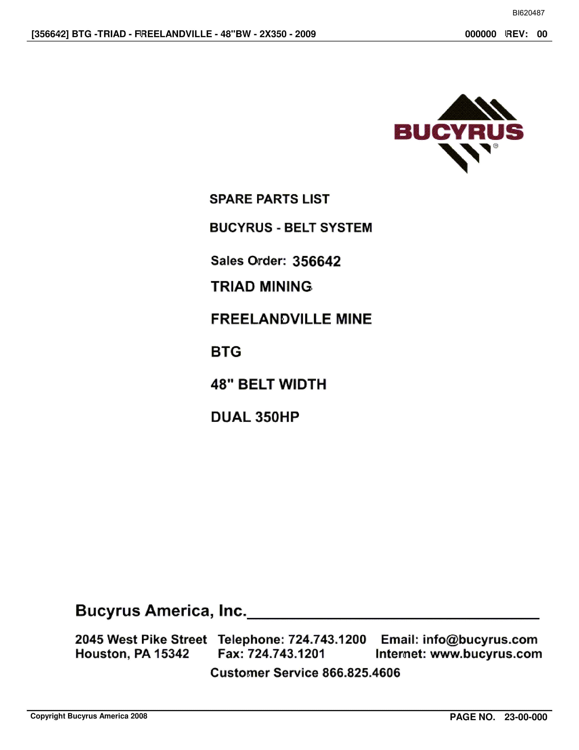 Bucyrus Belt System Spare Parts List BI620487