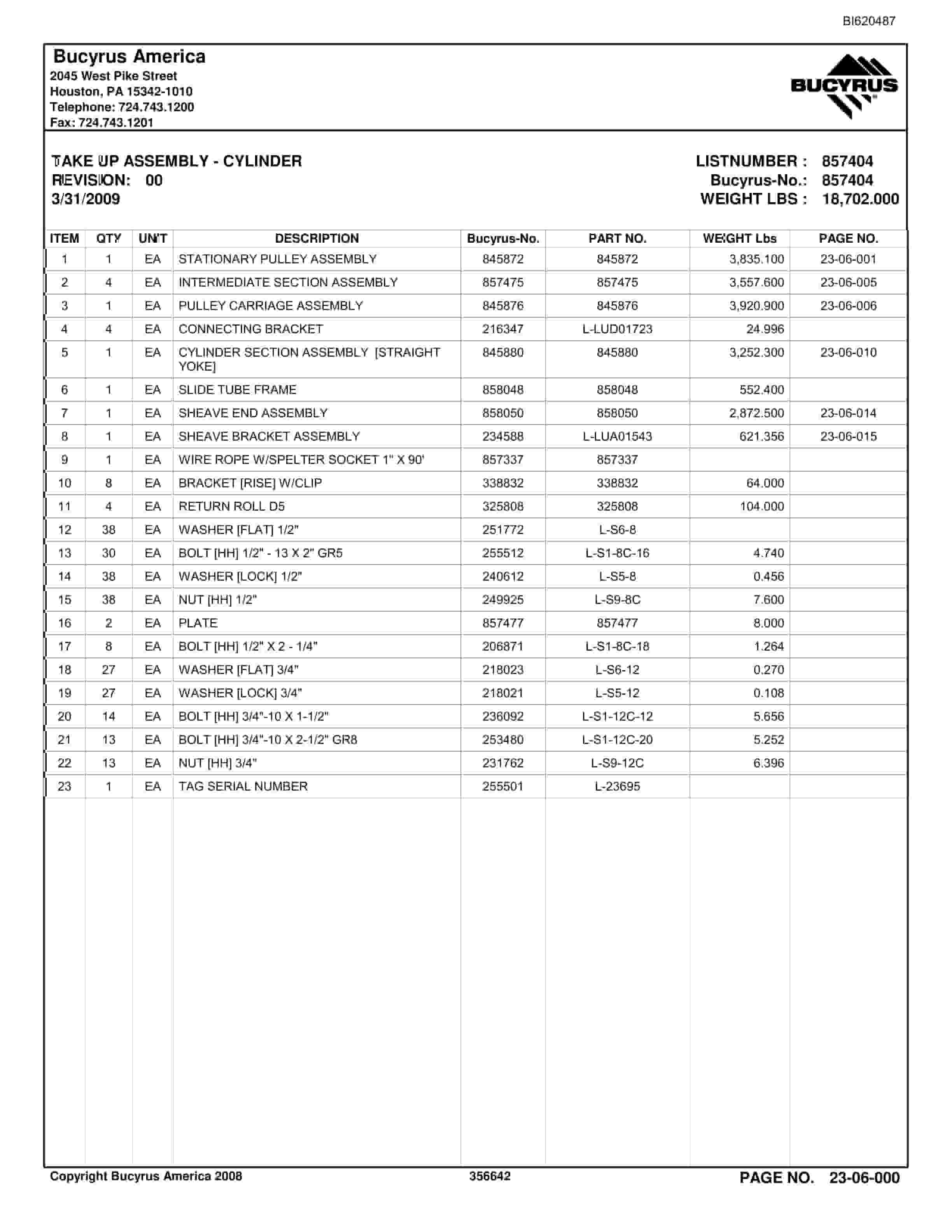 Bucyrus Belt System Spare Parts List BI620487-4