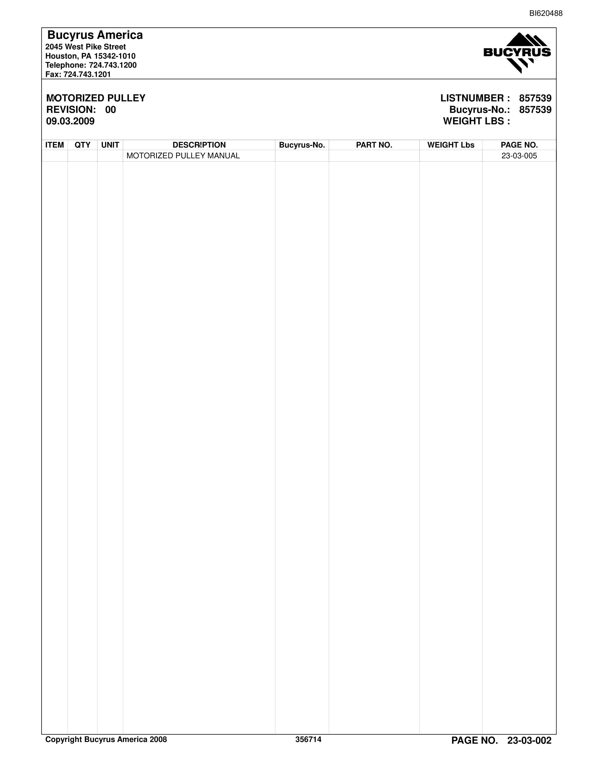 Bucyrus Belt System Spare Parts List BI620488-2
