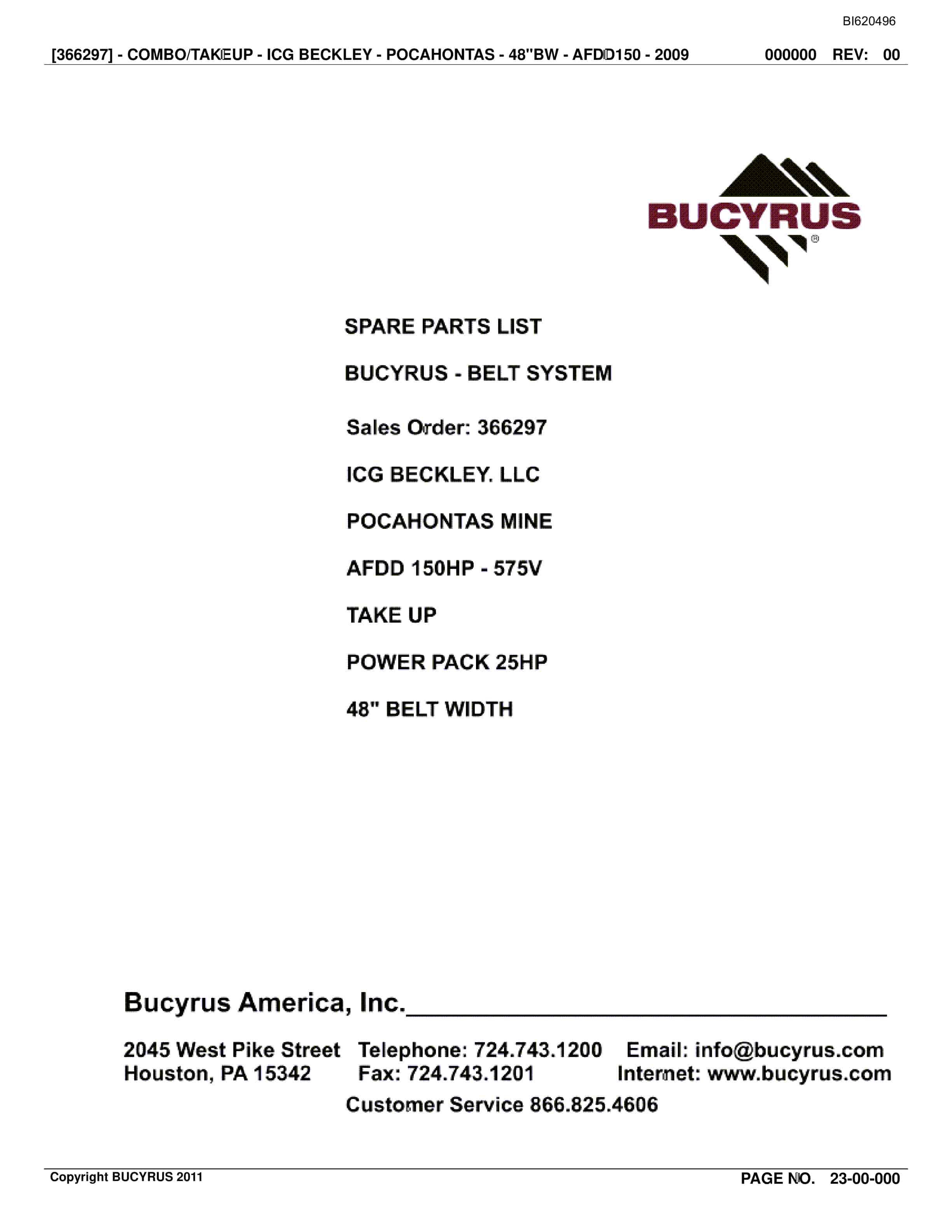 Bucyrus Belt System Spare Parts List BI620496