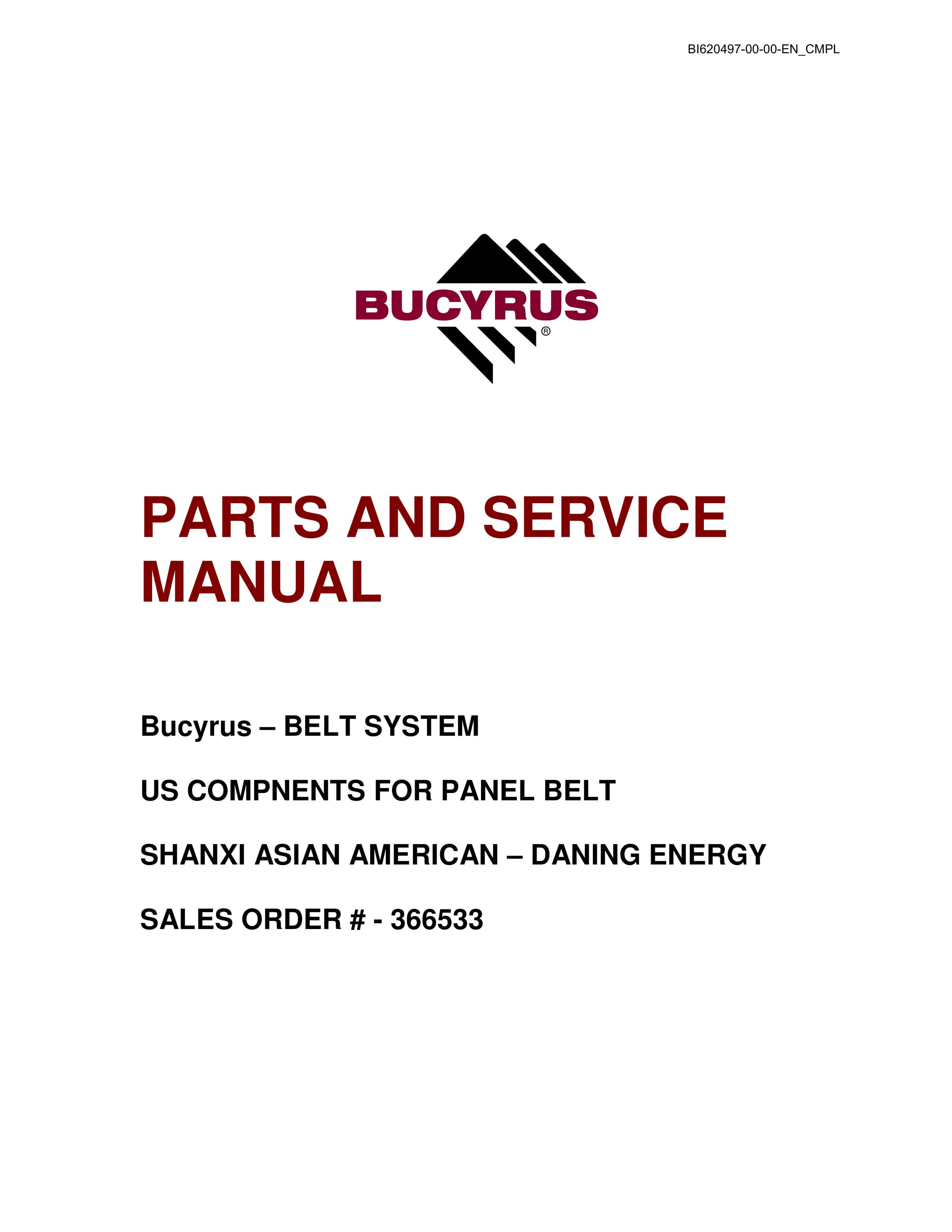Bucyrus Belt System Spare Parts List BI620497