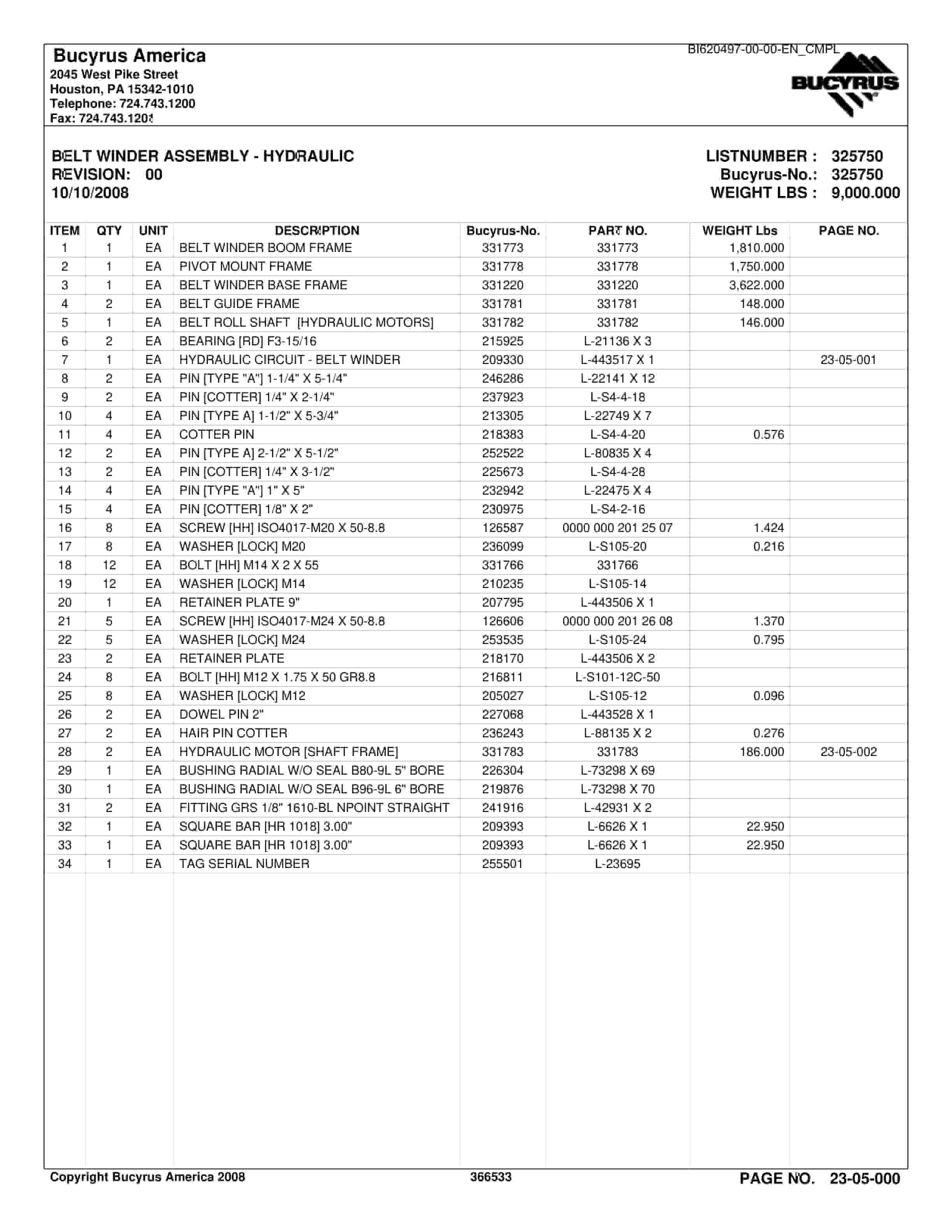Bucyrus Belt System Spare Parts List BI620497-5