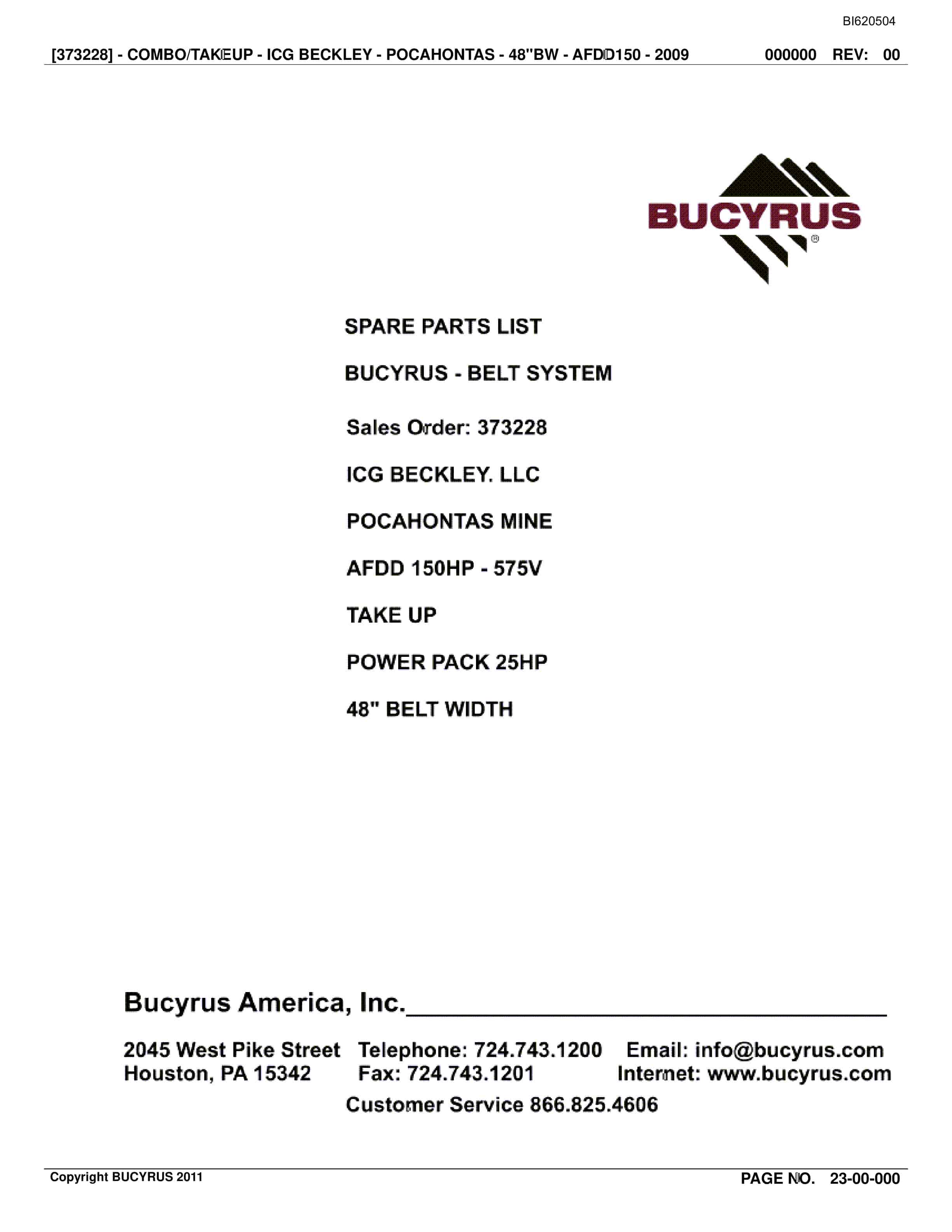 Bucyrus Belt System Spare Parts List BI620504