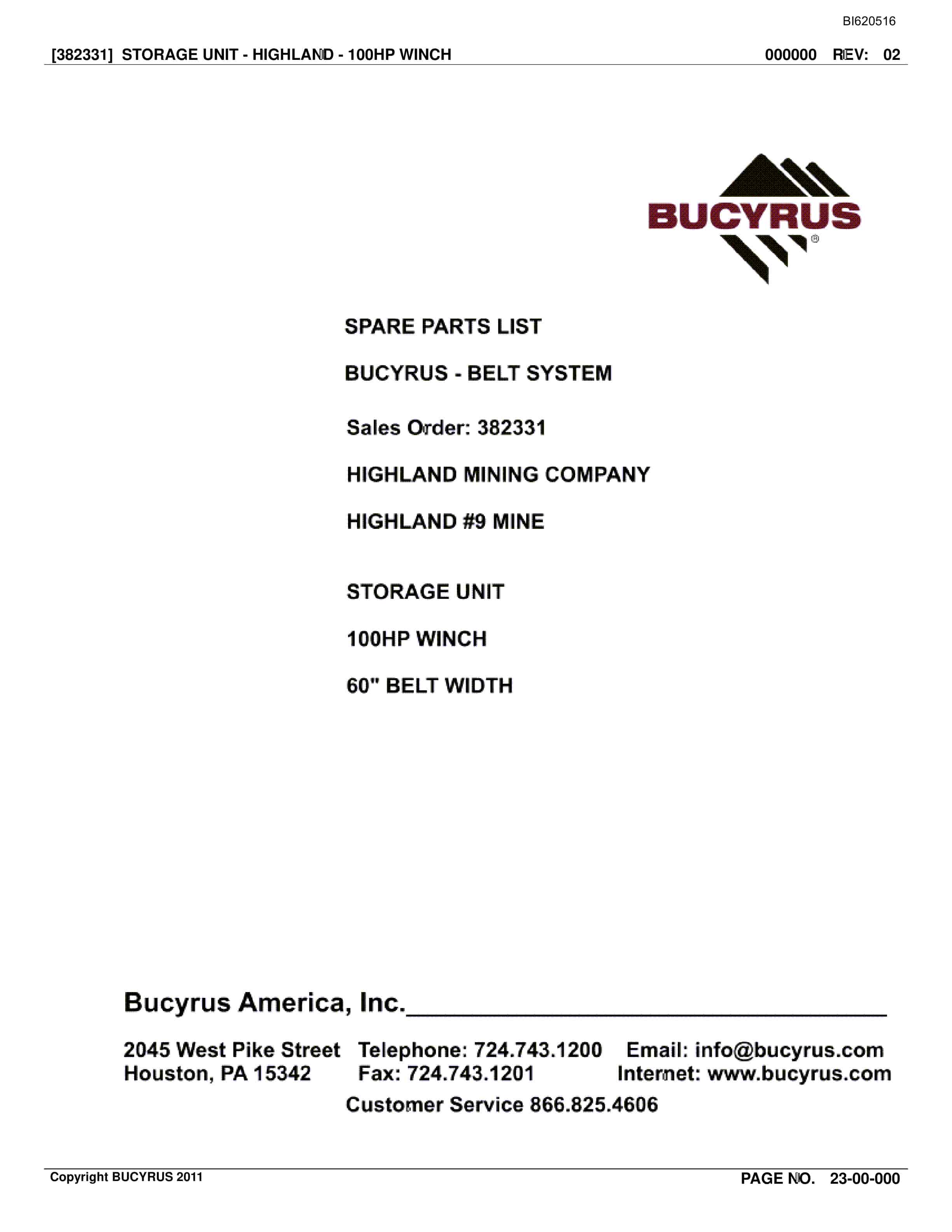 Bucyrus Belt System Spare Parts List BI620516