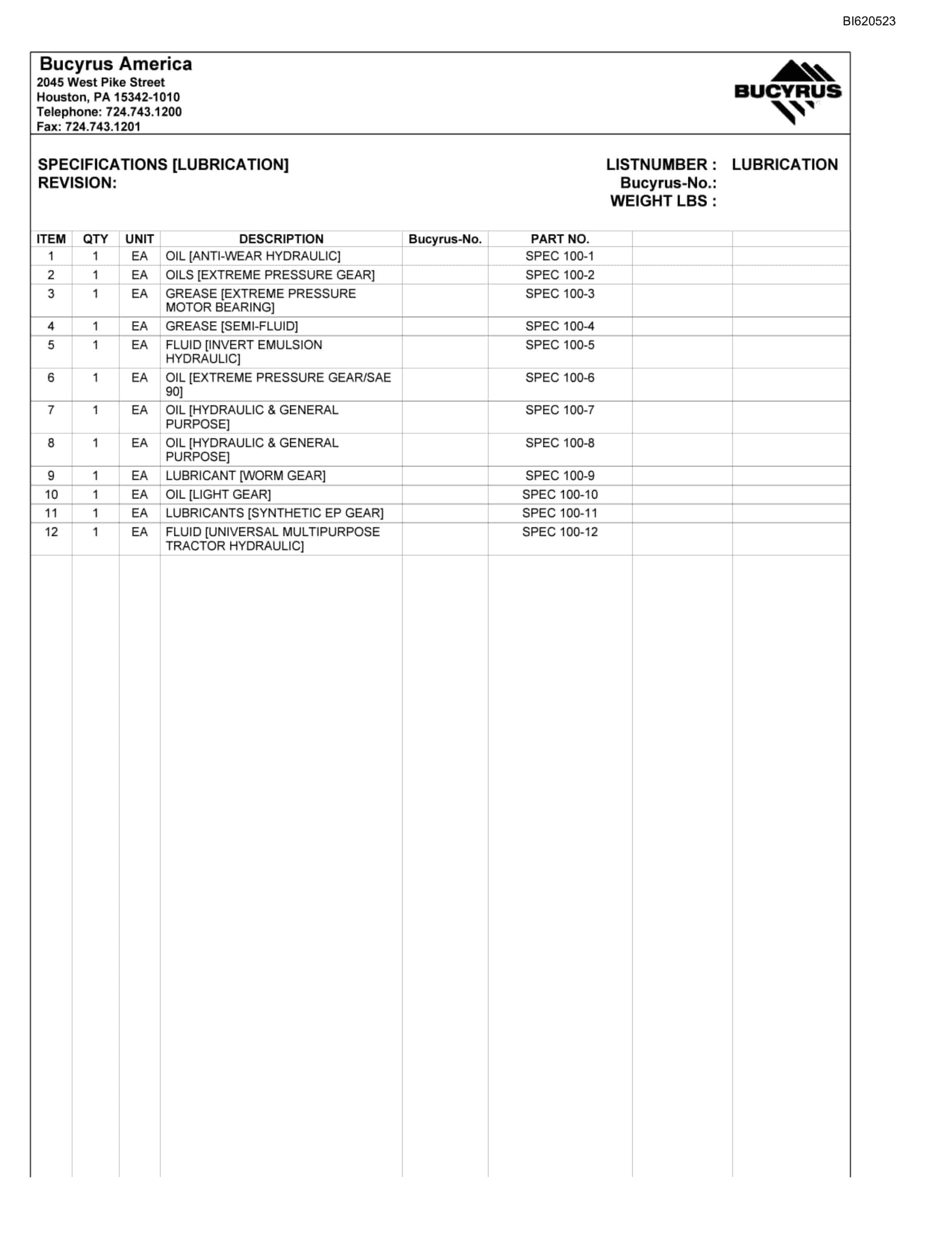 Bucyrus Belt System Spare Parts List BI620523-5