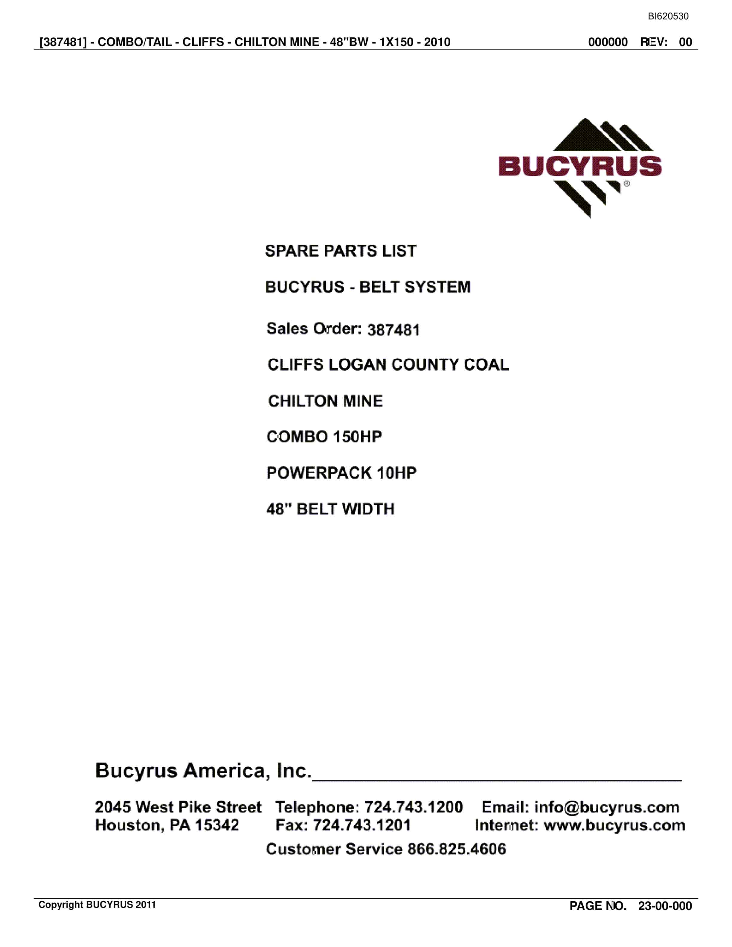 Bucyrus Belt System Spare Parts List BI620530