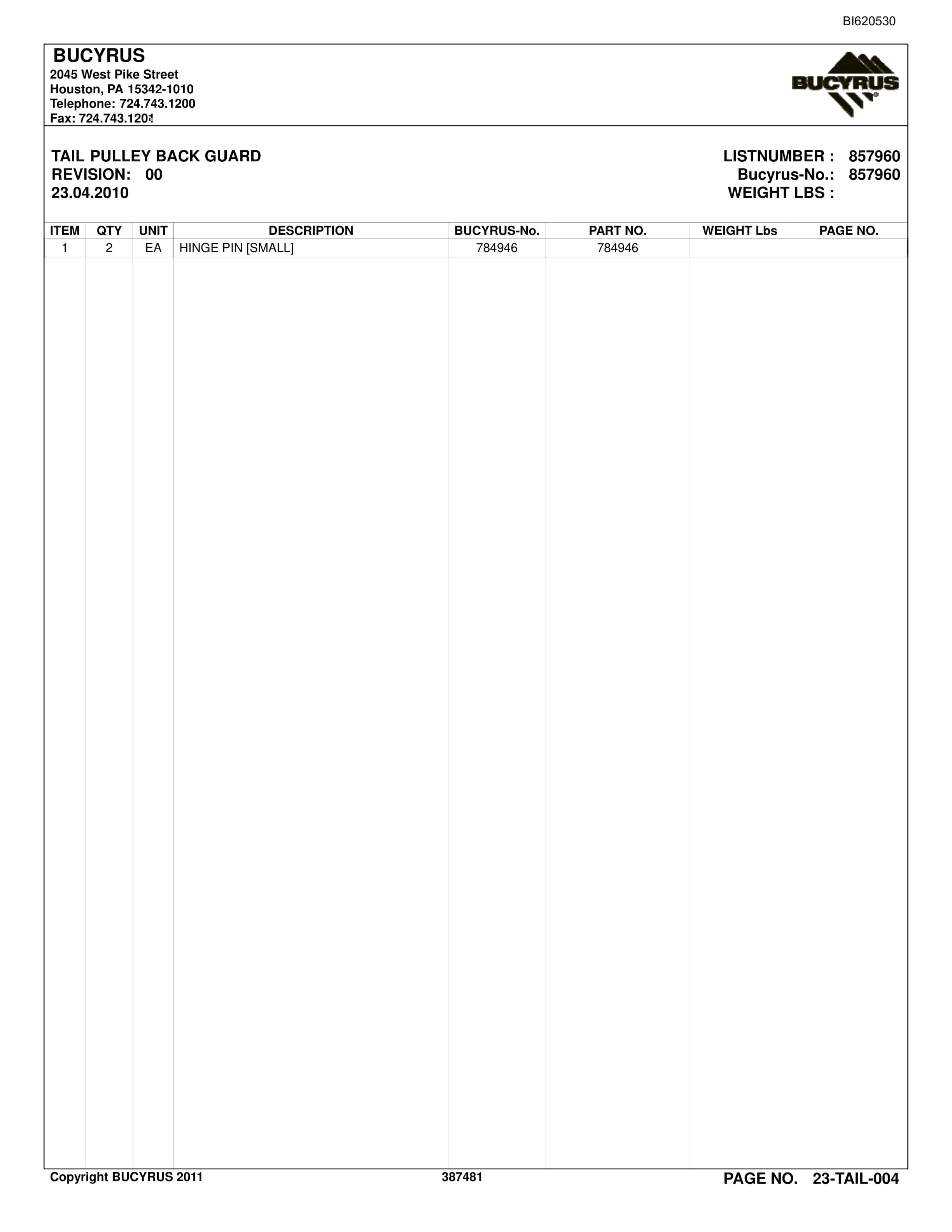 Bucyrus Belt System Spare Parts List BI620530-4
