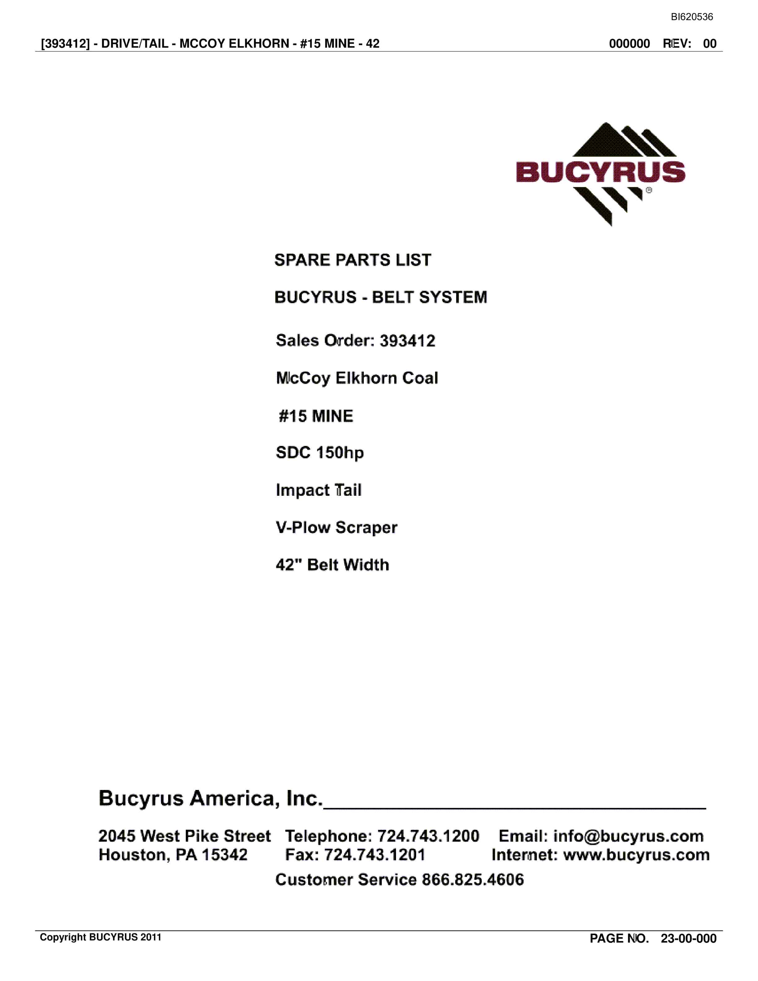 Bucyrus Belt System Spare Parts List BI620536