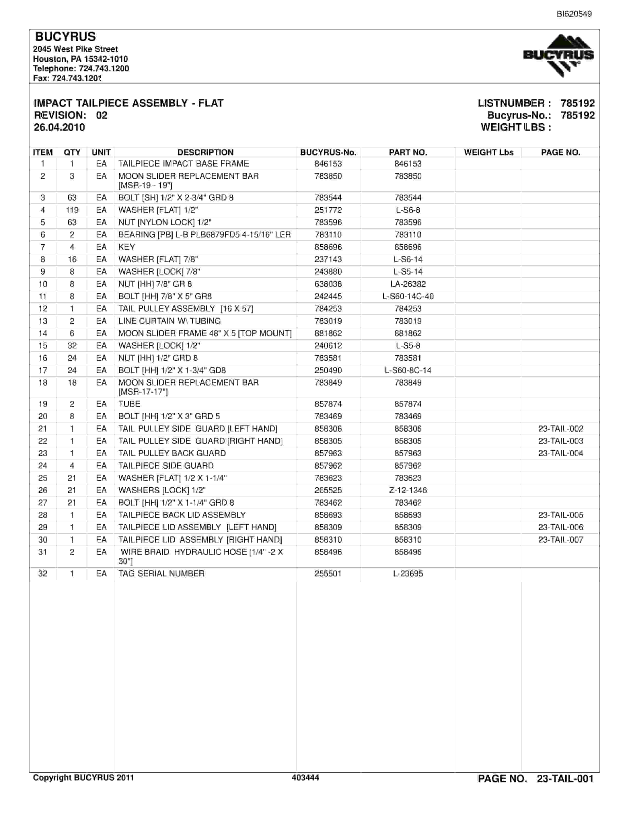 Bucyrus Belt System Spare Parts List BI620549-5