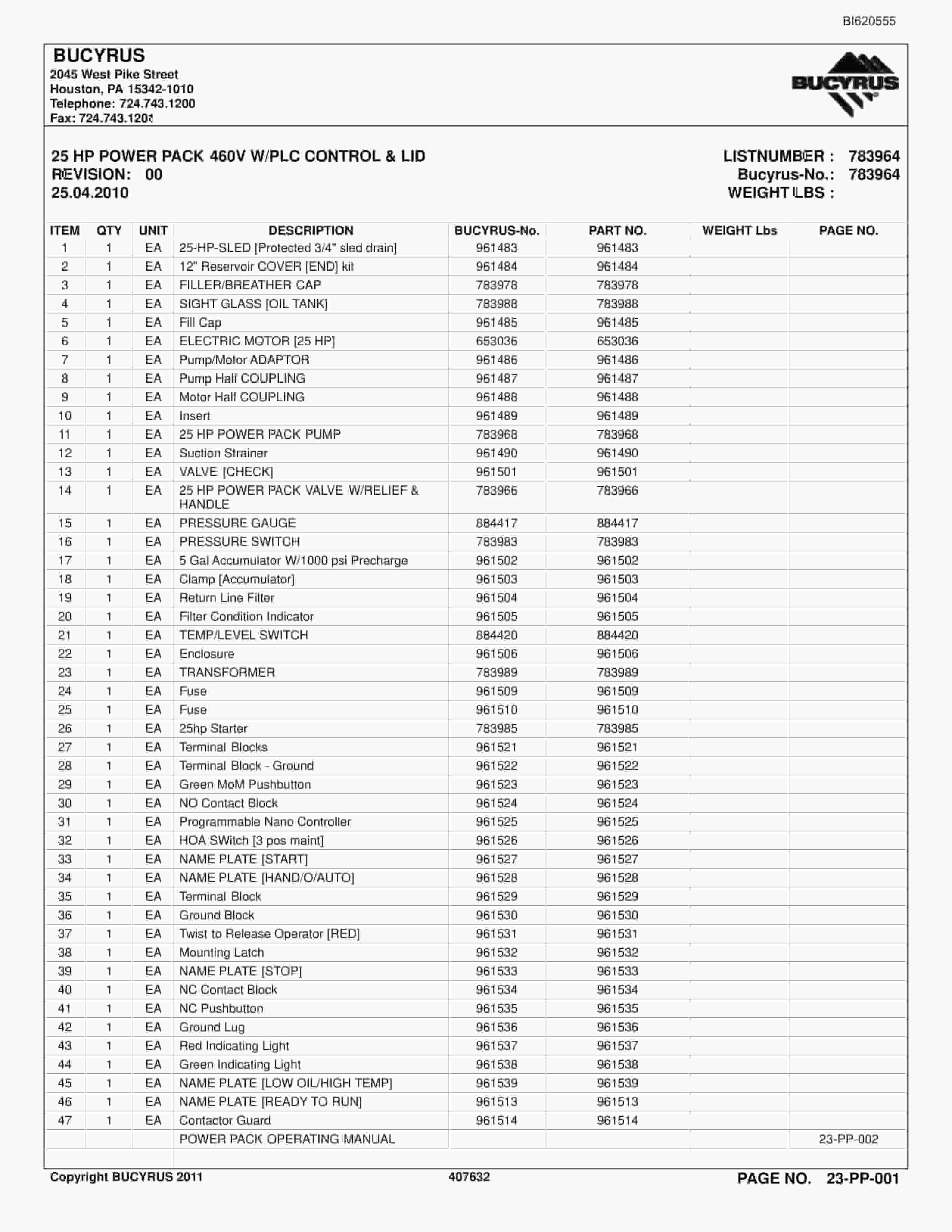 Bucyrus Belt System Spare Parts List BI620555-4