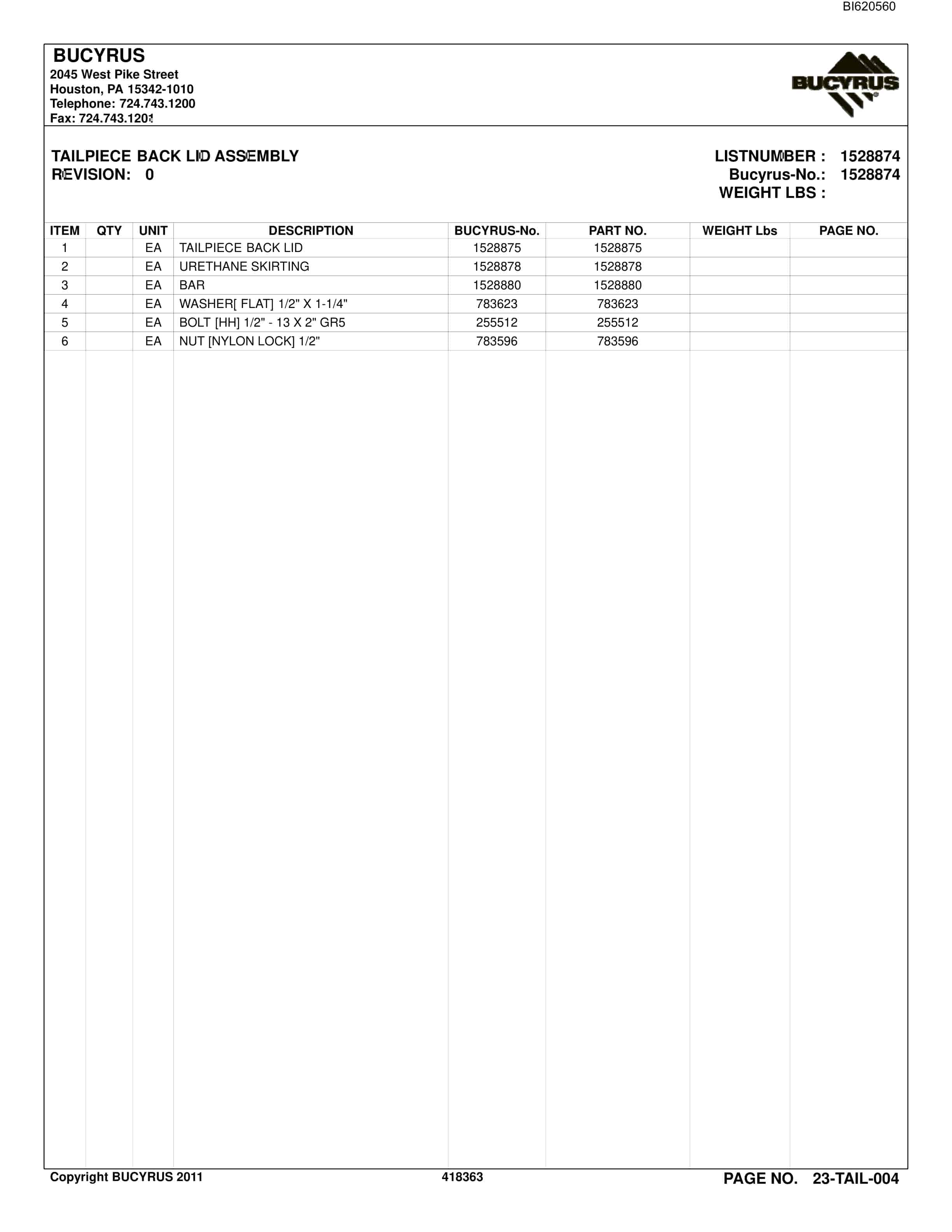 Bucyrus Belt System Spare Parts List BI620560-3