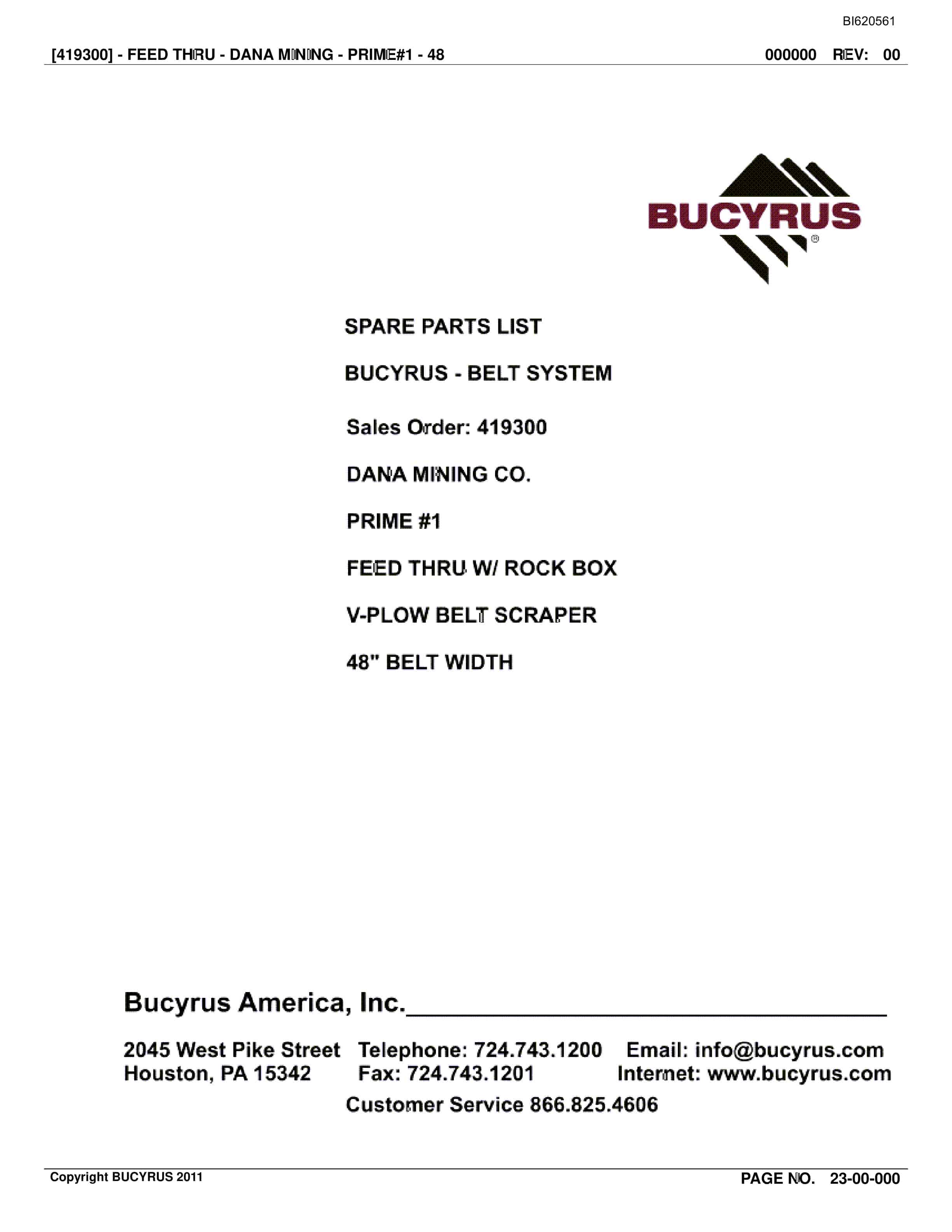 Bucyrus Belt System Spare Parts List BI620561