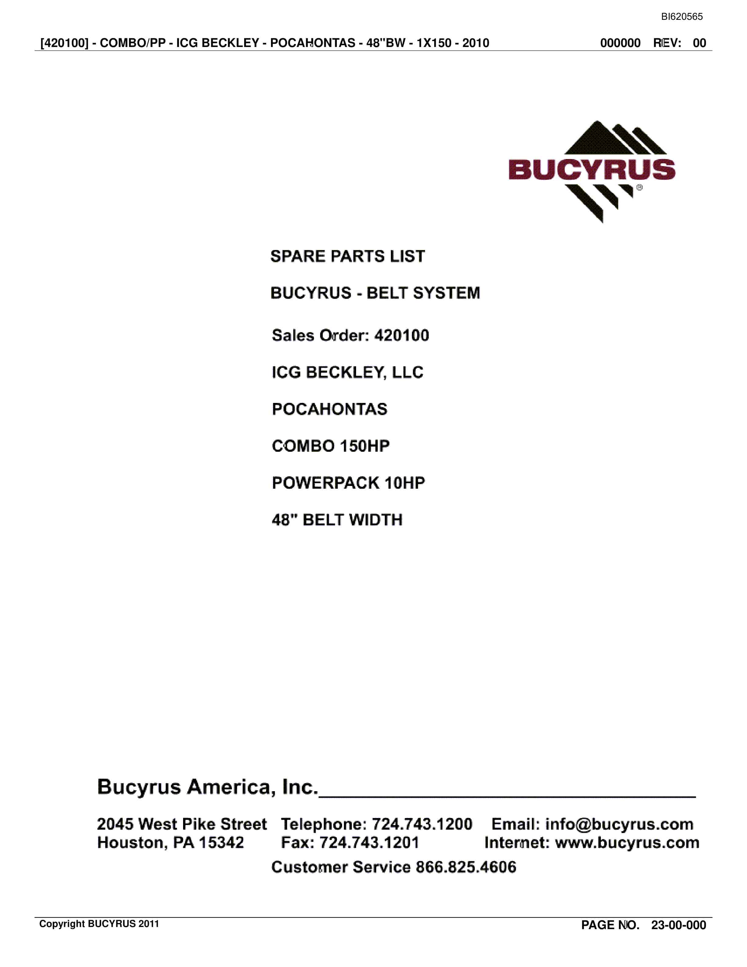 Bucyrus Belt System Spare Parts List BI620565