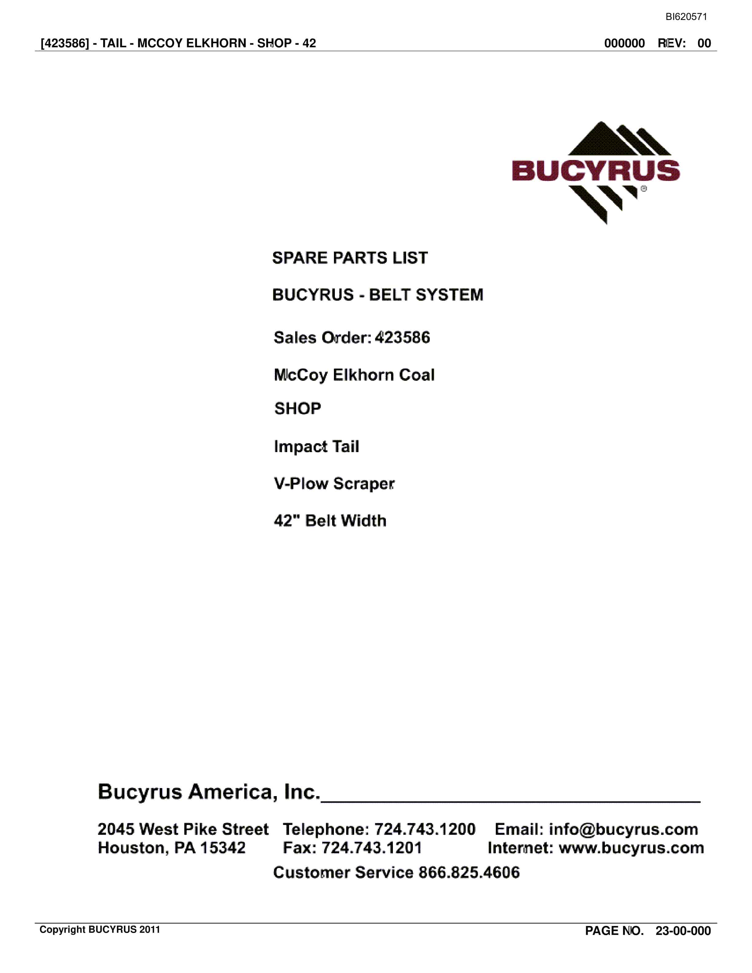 Bucyrus Belt System Spare Parts List BI620571