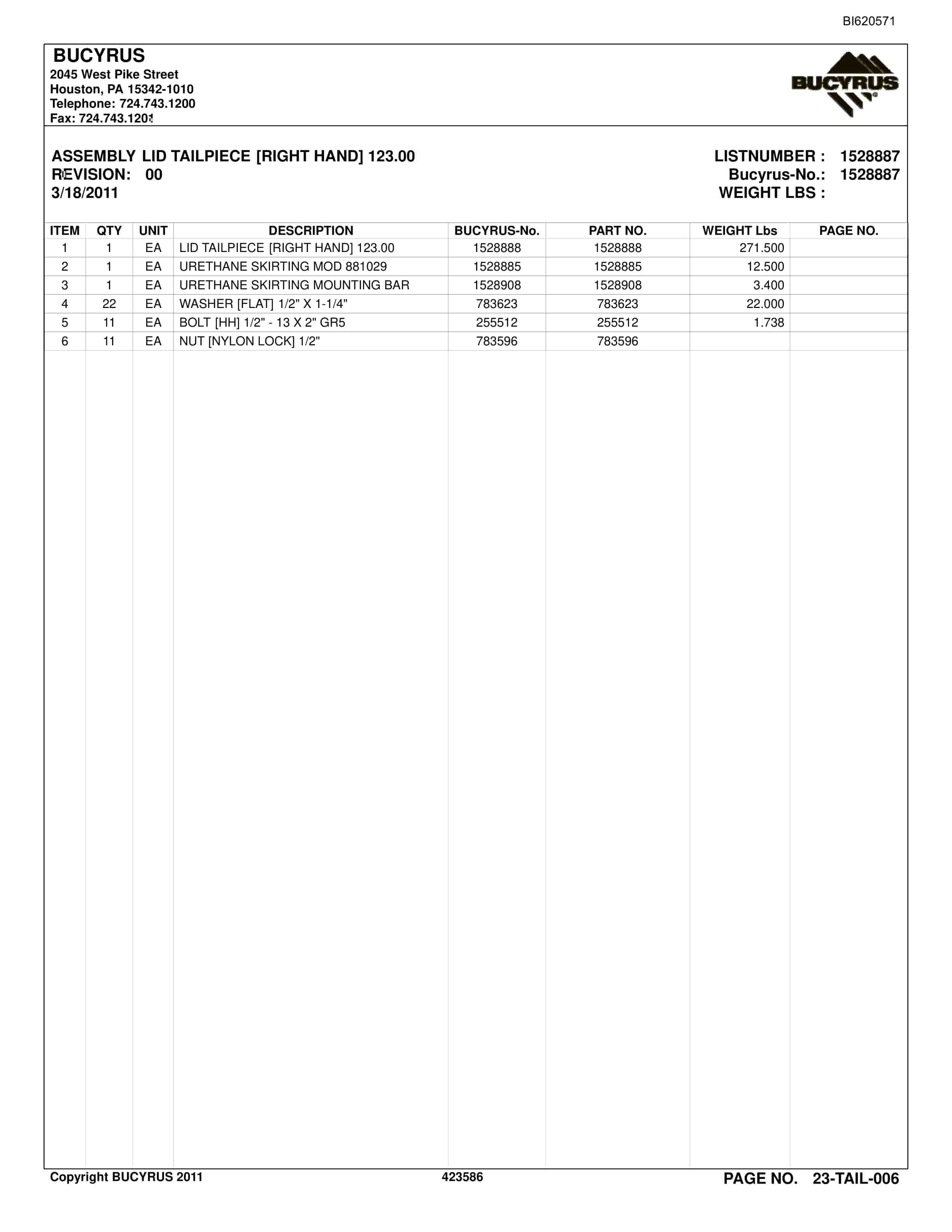 Bucyrus Belt System Spare Parts List BI620571-2
