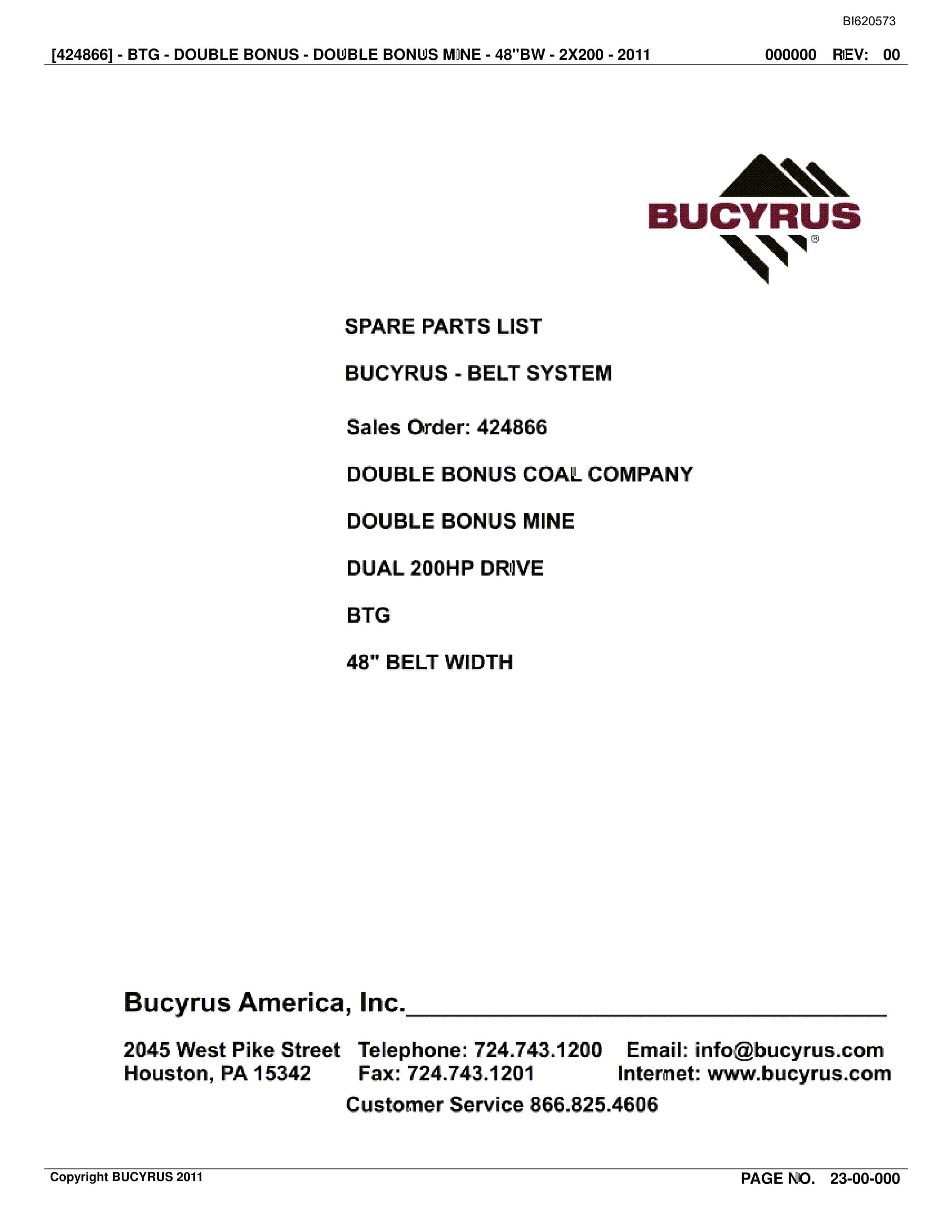 Bucyrus Belt System Spare Parts List BI620573