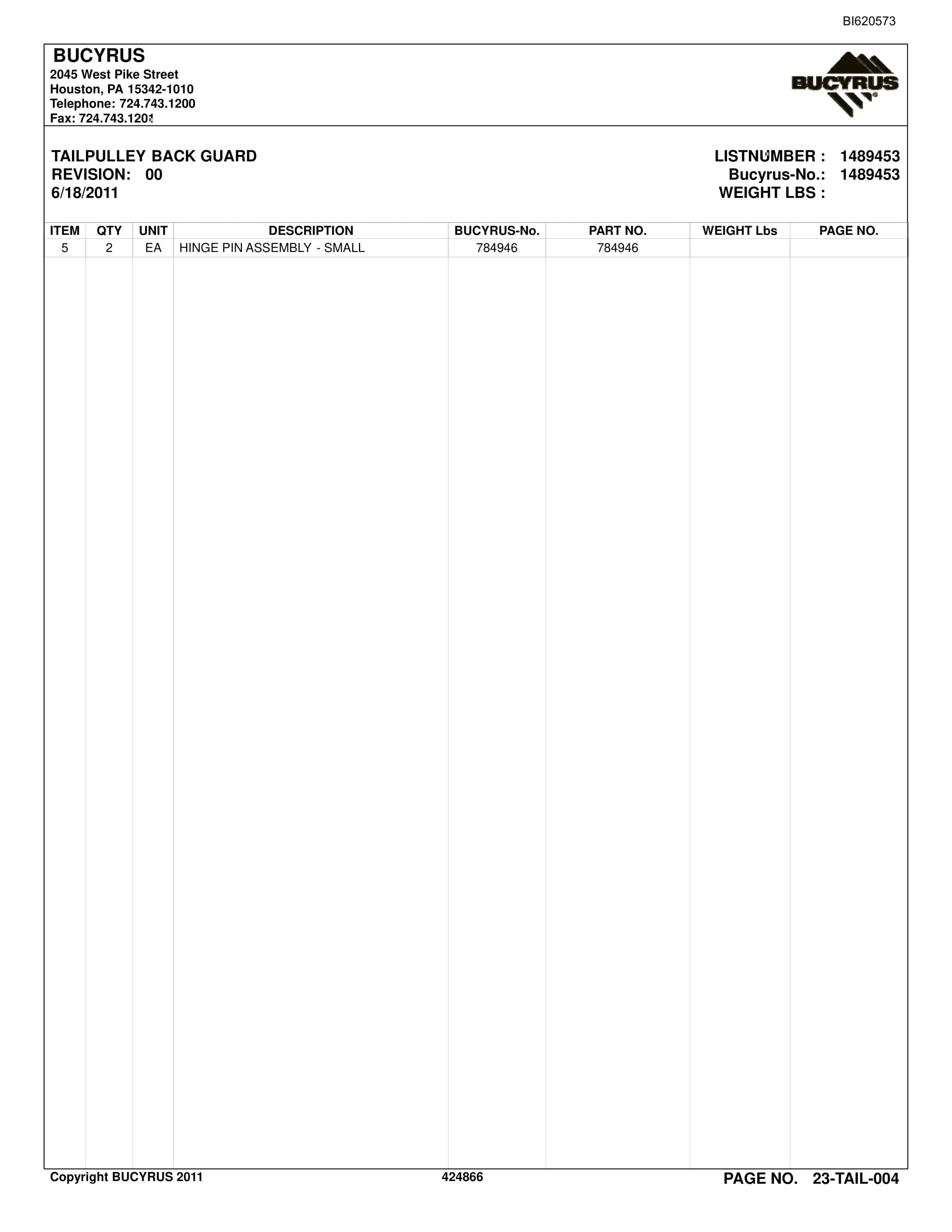 Bucyrus Belt System Spare Parts List BI620573-3