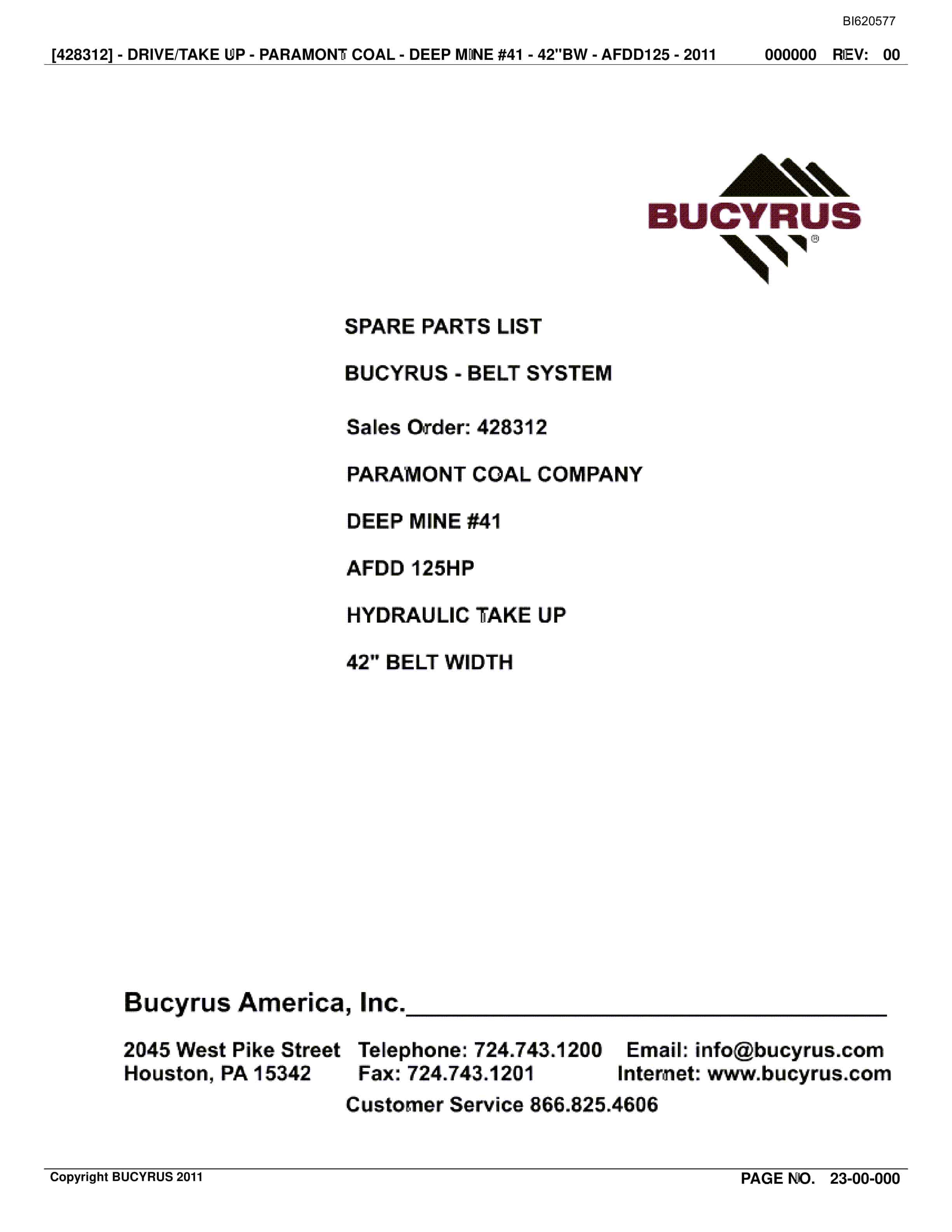 Bucyrus Belt System Spare Parts List BI620577