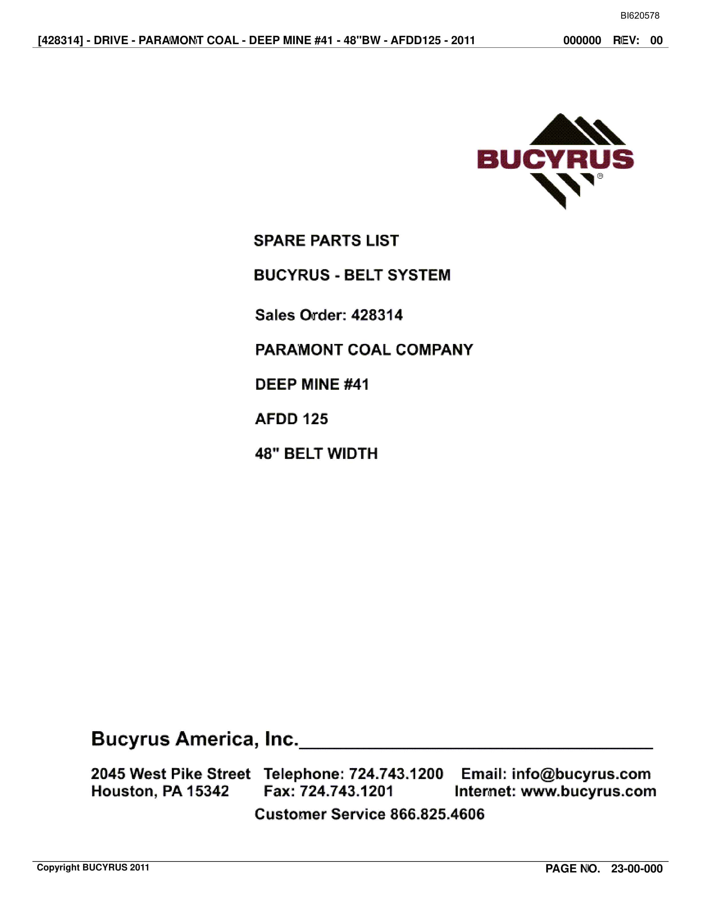 Bucyrus Belt System Spare Parts List BI620578