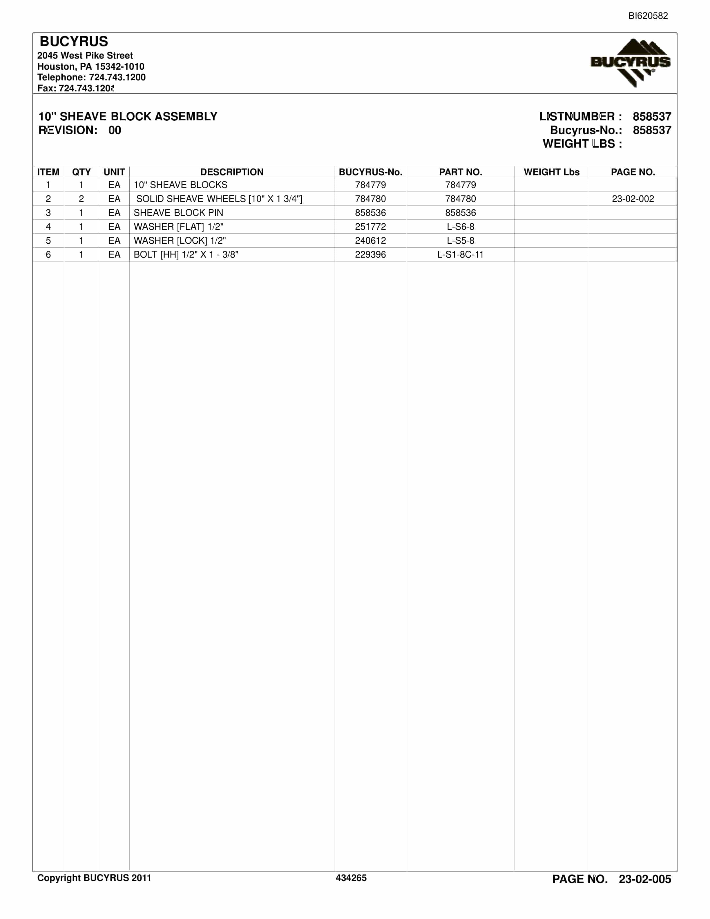 Bucyrus Belt System Spare Parts List BI620582-3