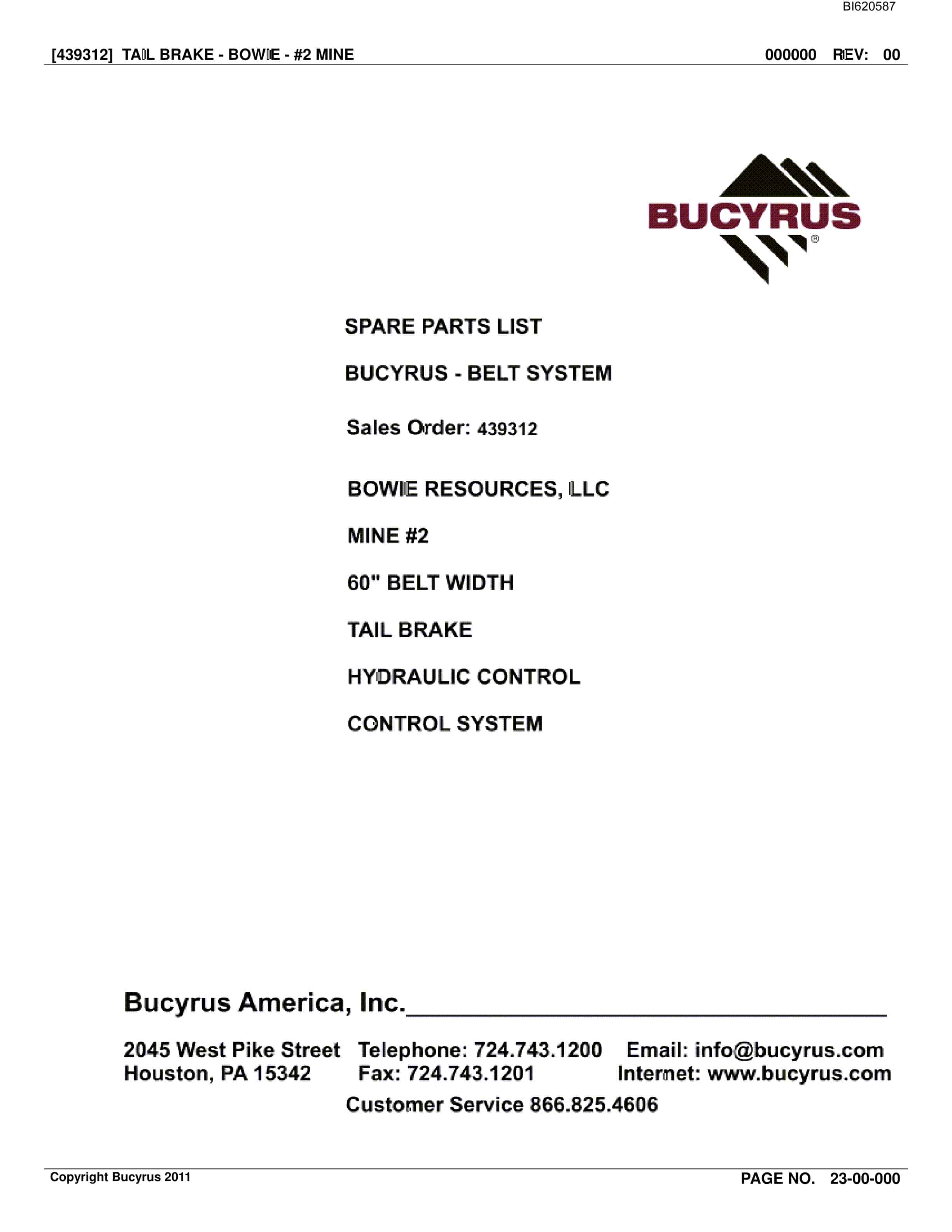 Bucyrus Belt System Spare Parts List BI620587