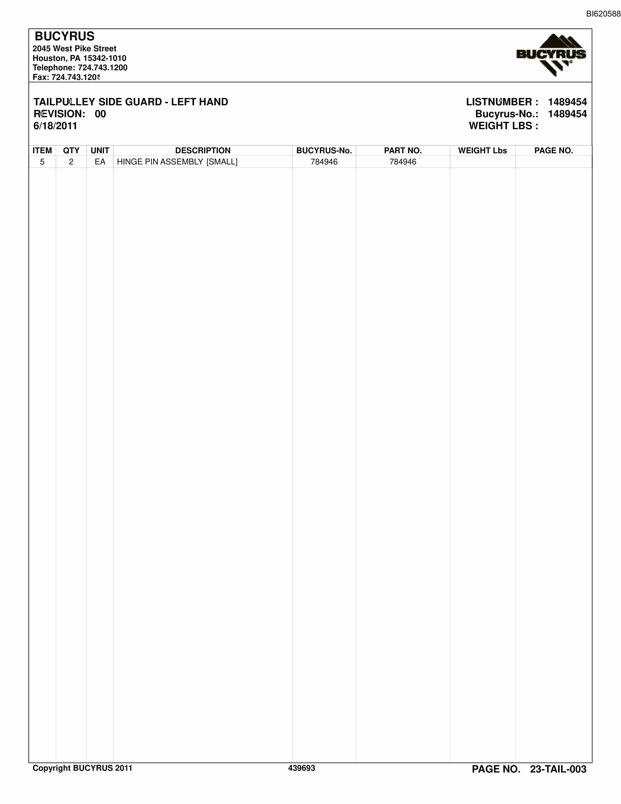 Bucyrus Belt System Spare Parts List BI620588-5