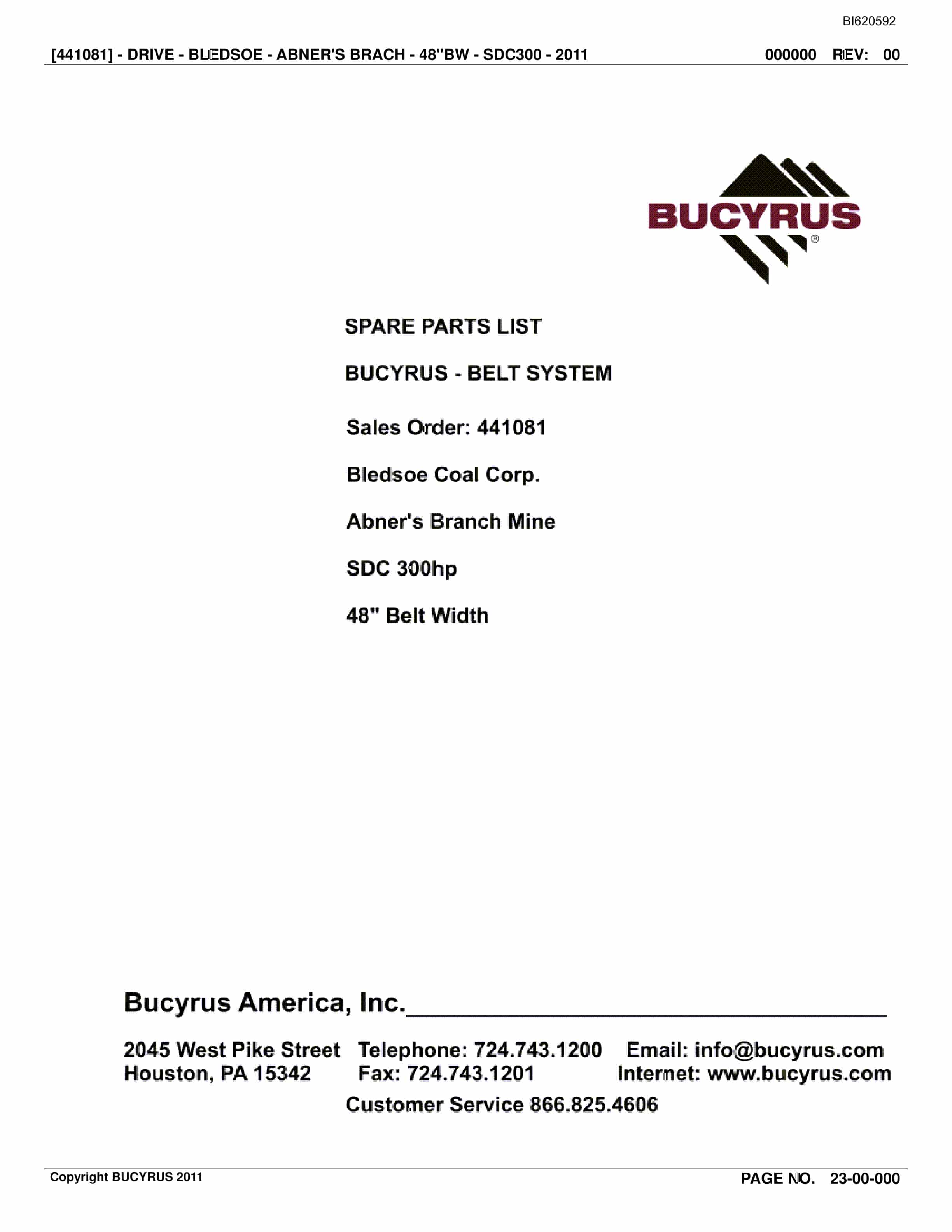 Bucyrus Belt System Spare Parts List BI620592