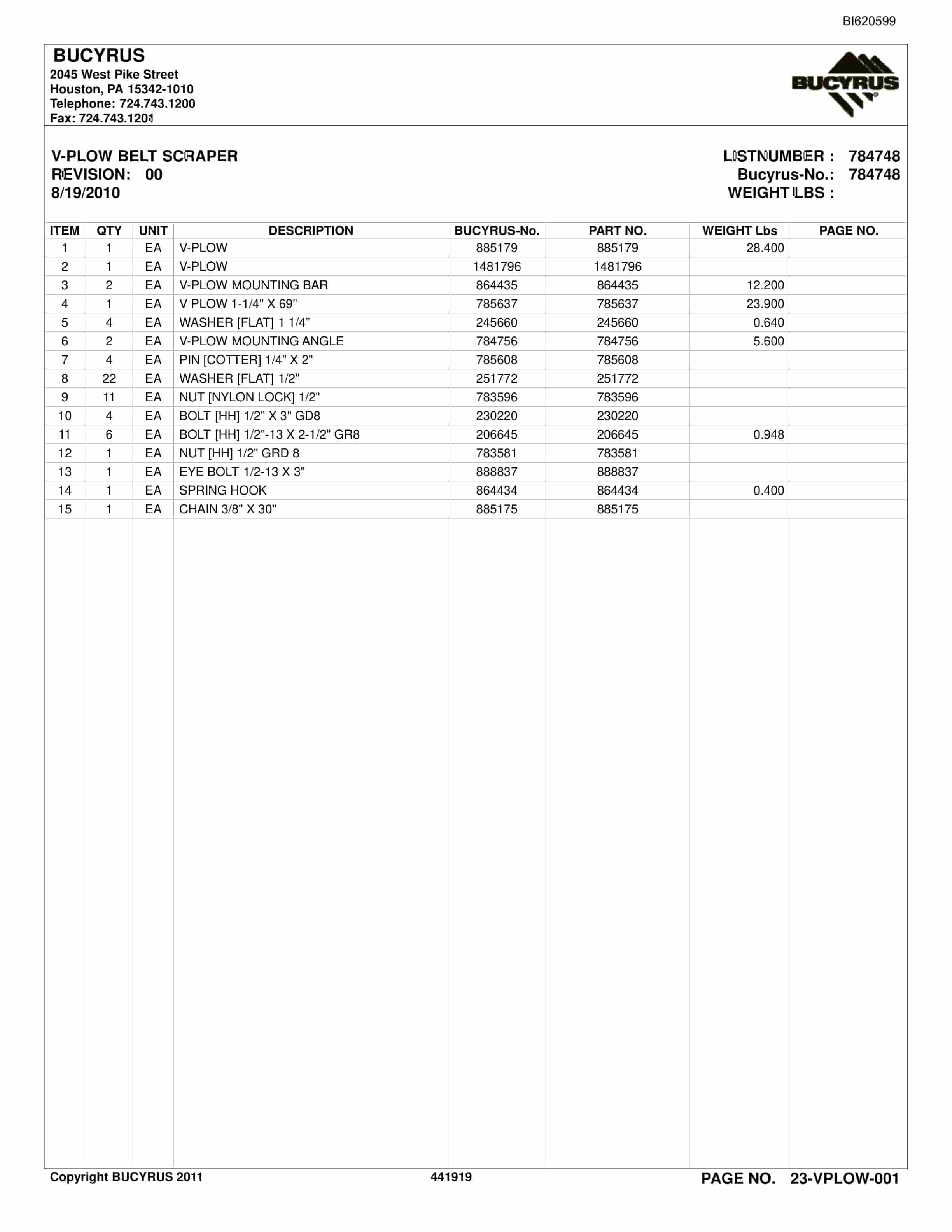 Bucyrus Belt System Spare Parts List BI620599-5