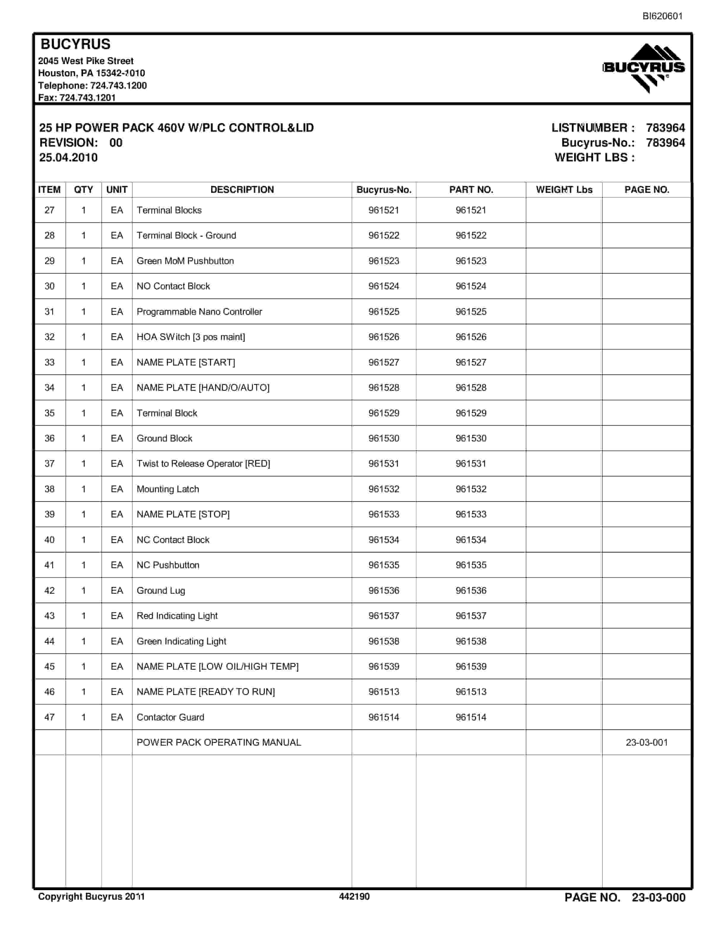 Bucyrus Belt System Spare Parts List BI620601-3