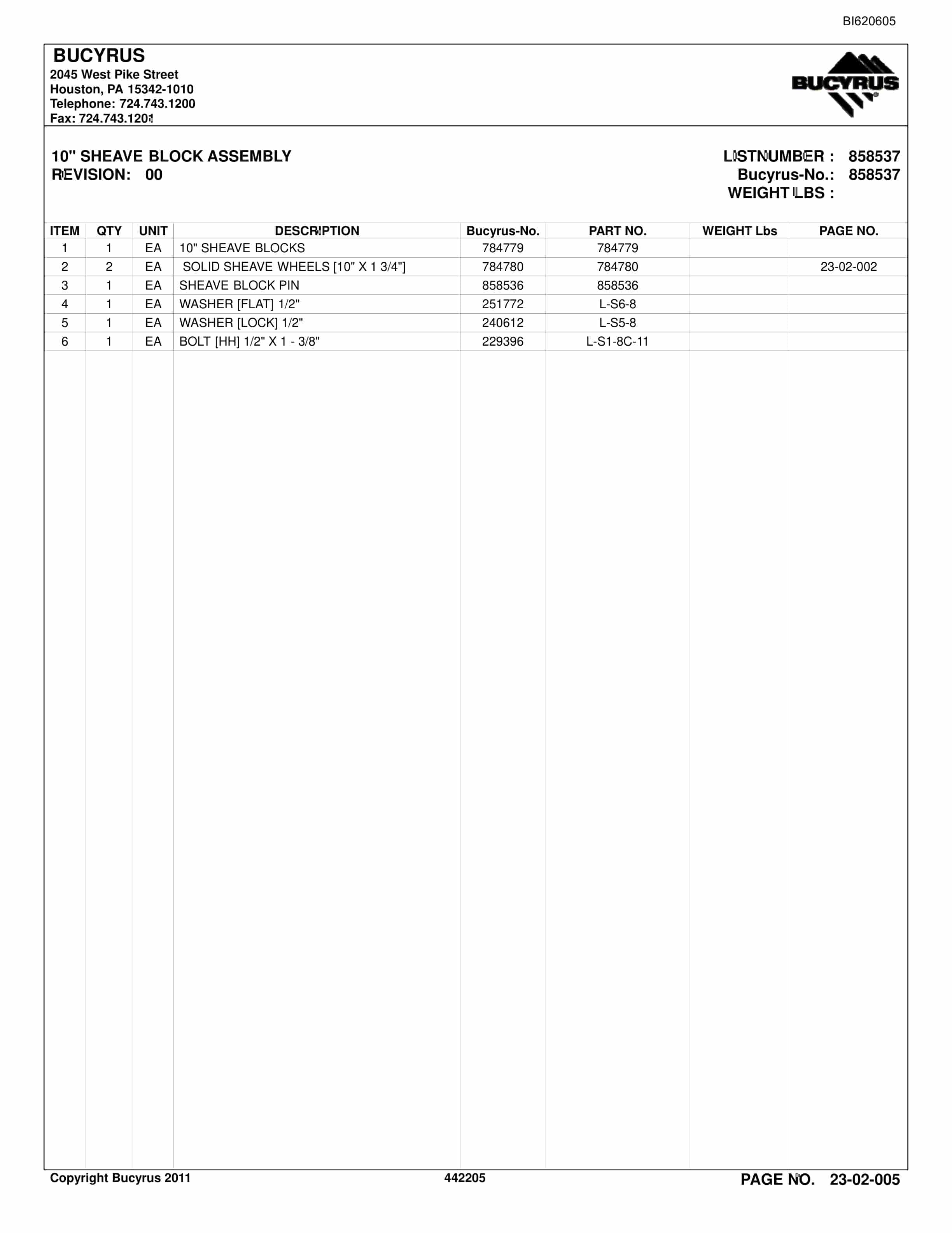 Bucyrus Belt System Spare Parts List BI620605-3