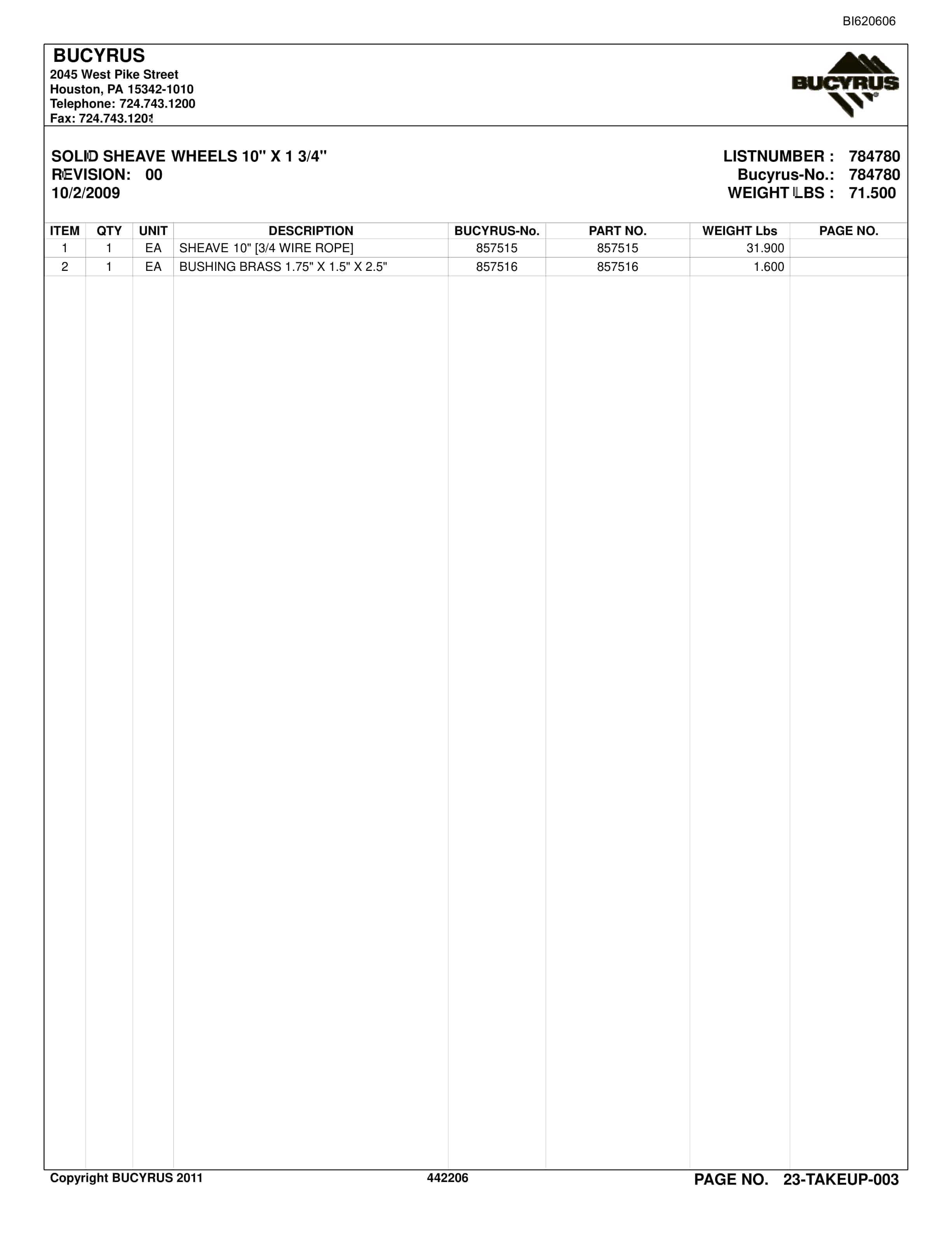 Bucyrus Belt System Spare Parts List BI620606-5
