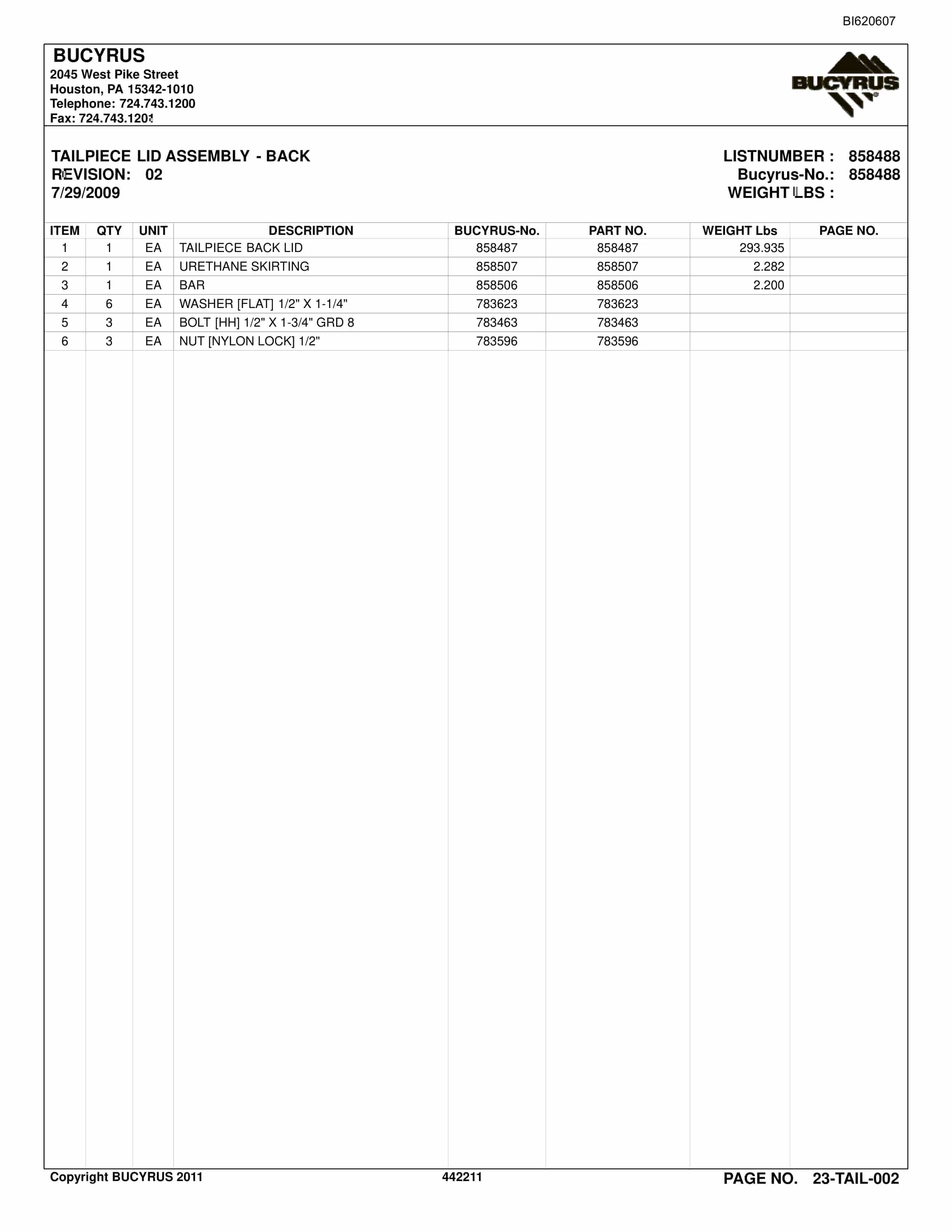 Bucyrus Belt System Spare Parts List BI620607-3