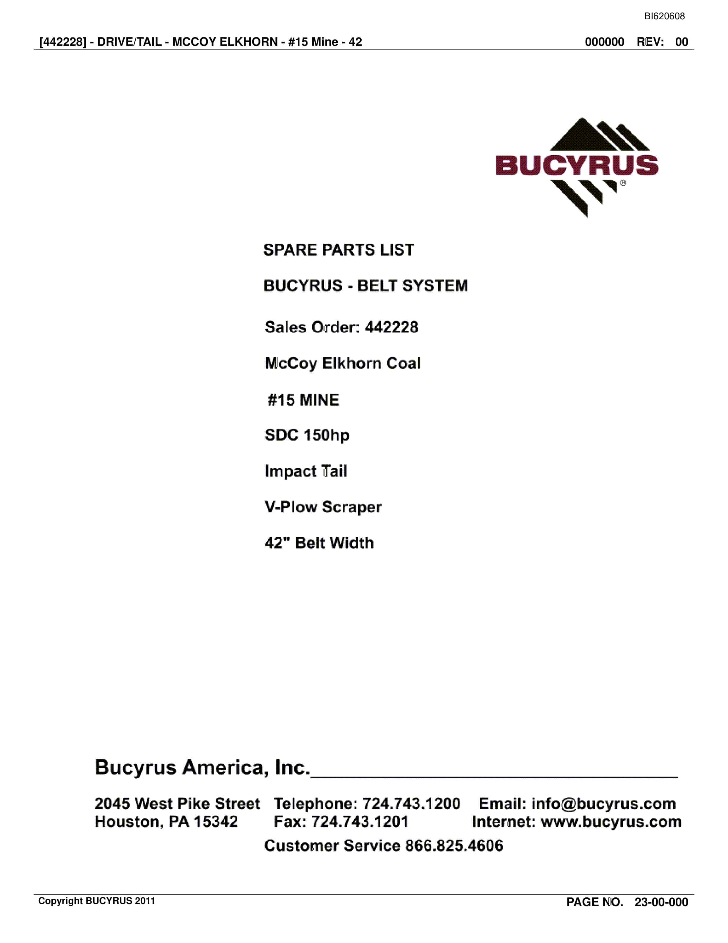 Bucyrus Belt System Spare Parts List BI620608